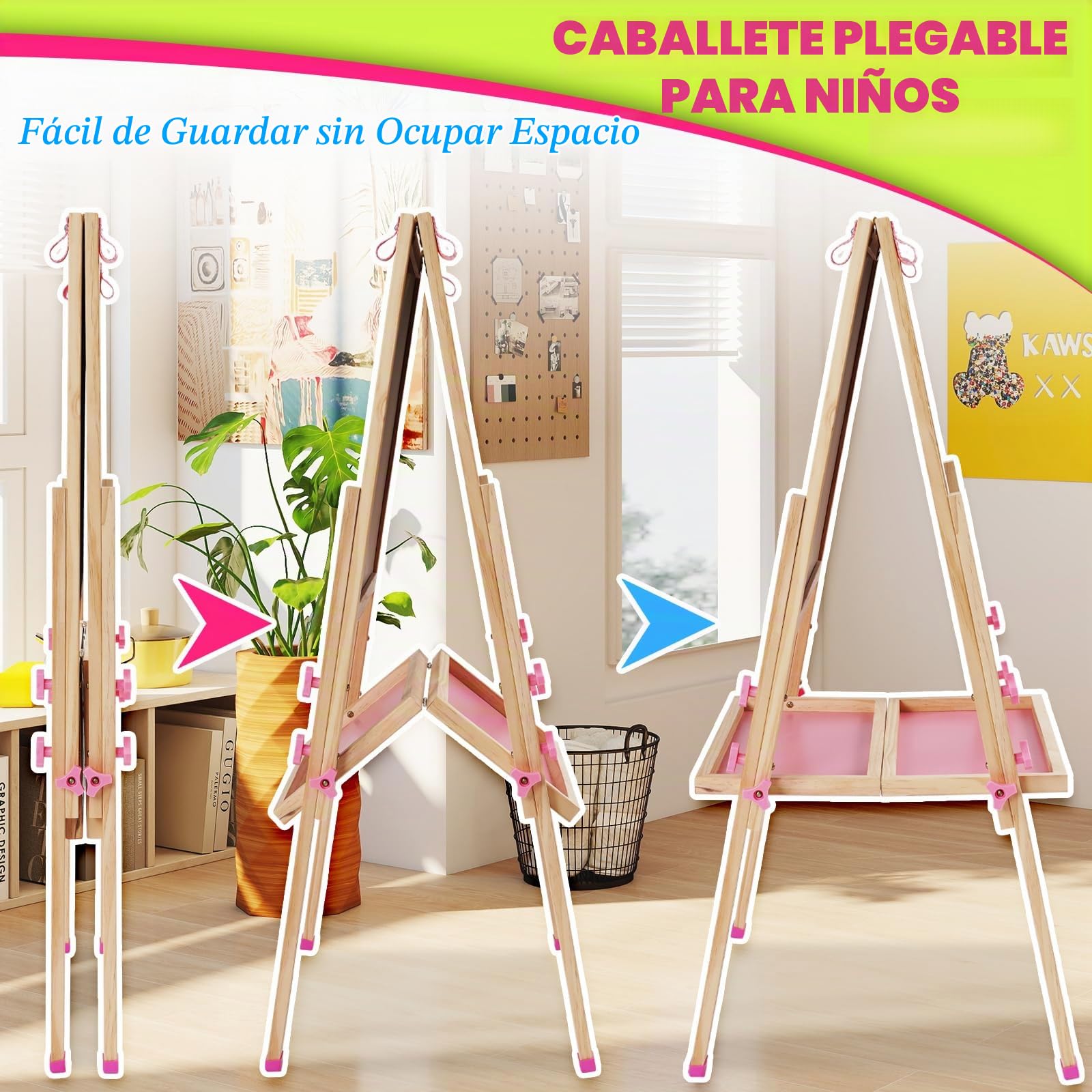 Caballete Pintura niños,Pizarra de Dibujo de Doble Cara de Madera Plegable,Caballete de Arte de Altura Ajustable con Pergaminos y Otros Accesorios para Niños y Niñas,Rosa