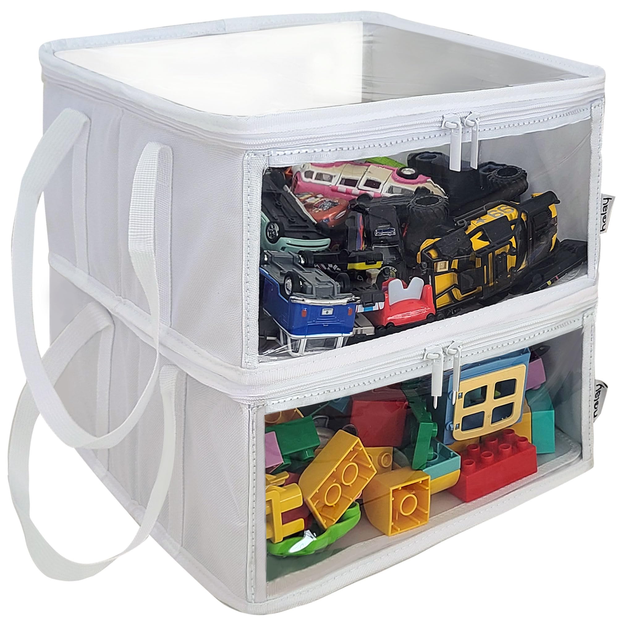 holay Lotde 4 boîtes de rangement en PVC avec fermeture éclair pour jouets, pâte à modeler et jeux de société - avec étiquette nominative et poignée ( Blanc, Petit, Grand