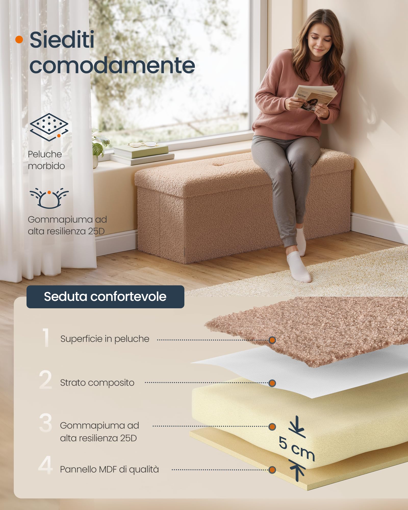 SONGMICS Cassapanca, Pouf Contenitore, Sgabello Poggiapiedi Pieghevole 38 x 110 x 38 cm, Regge fino a 300 kg, per Soggiorno, Camera da Letto, Ingresso, Marrone Cammello LSF097K01V1