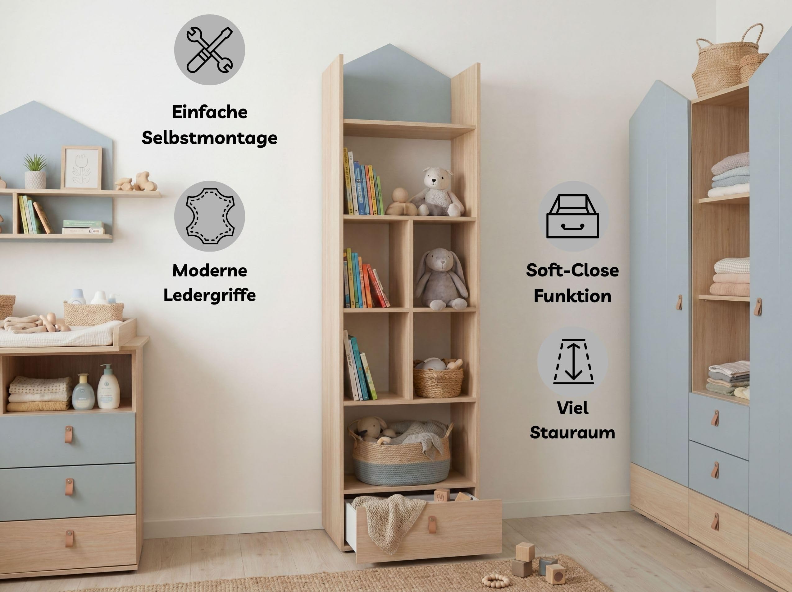 Roofy Babyzimmer Set 6-TLG – inkl. Babybett (umbaubar), Wickelkommode & Kleiderschrank – Made in Germany, Soft-Close – Skandi-Look in Salbei/Nagano Eiche