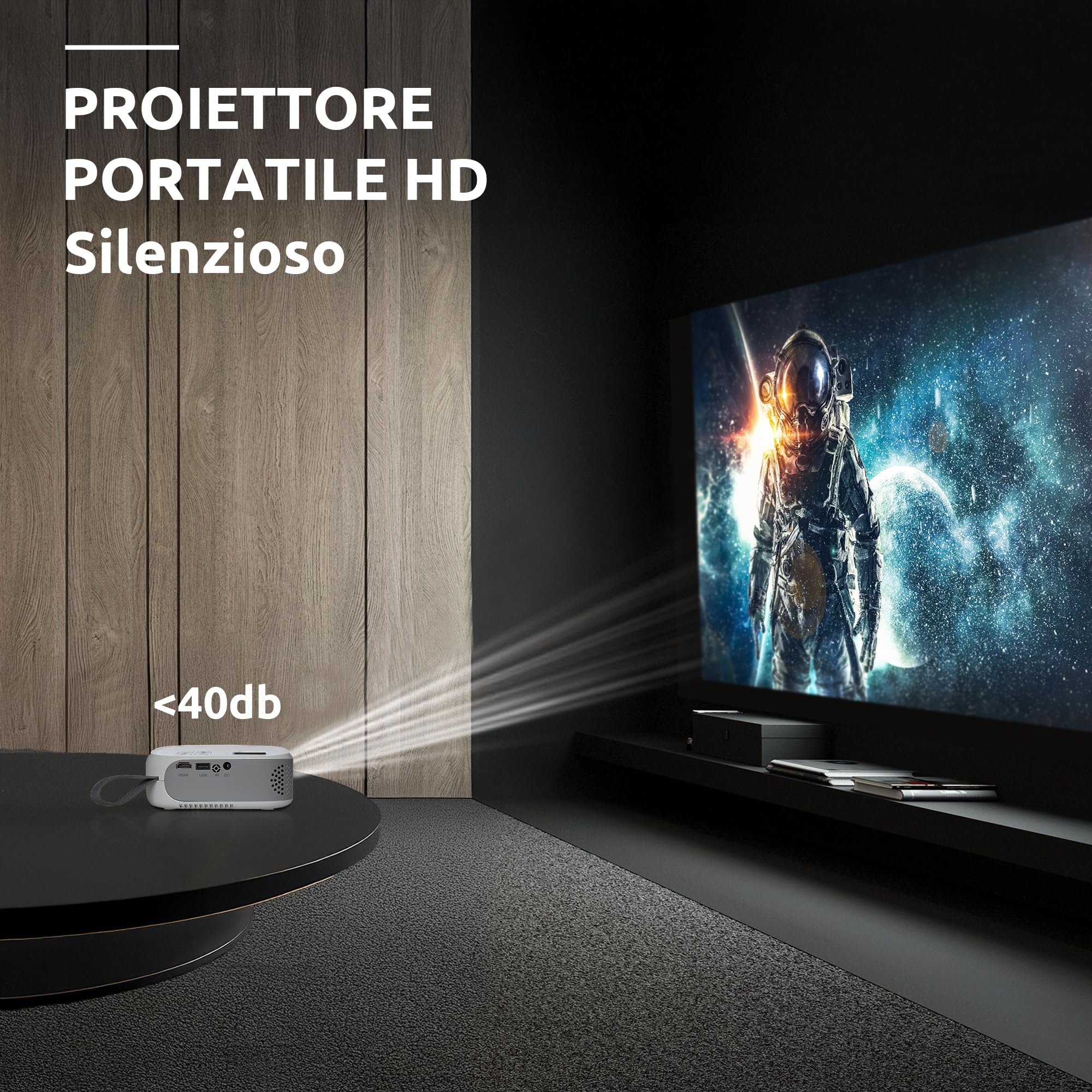 STRONG - Mini proiettore N1 - Risoluzione HD 720p compatibile Full HD 1080p - 120 ANSI Lumens - Distanza di proiezione da 0,9 a 6,2 m - Connettività HDMI/USB/AV + Uscita audio - Bianco