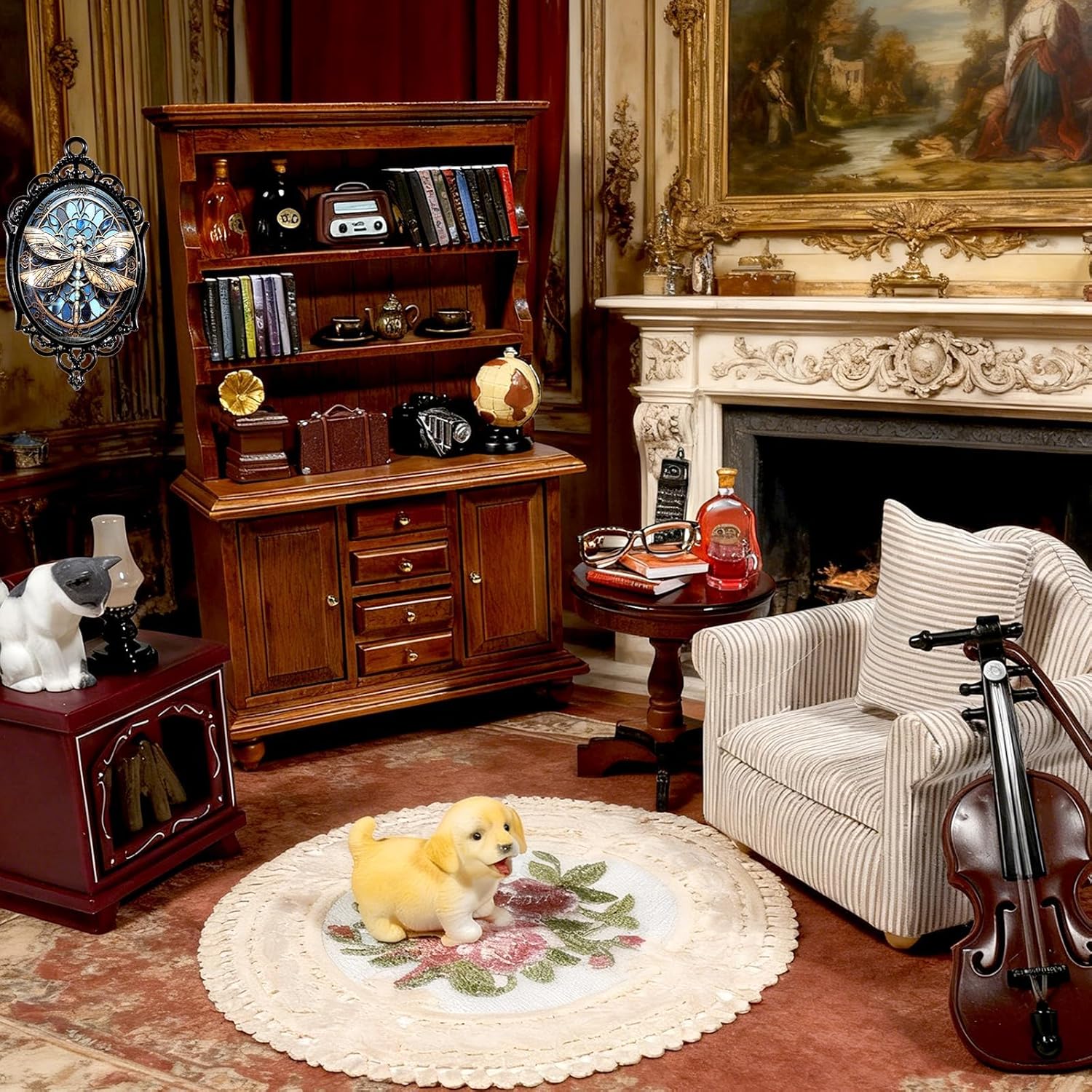 1：12 Scale Miniature House Furniture Set Classic Mini Furniture Sofa Set with Pillows Mini Couch Carpet Wooden Furnitures Bookshelf Desk Chair Living Room Scene Decor