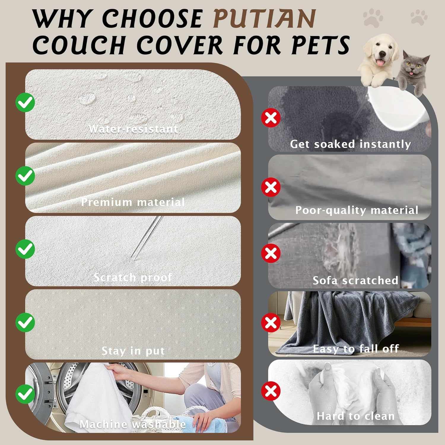 PuTian Couch Cover for Dogs - Waterproof Anti-Scratch Washable Non Slip 3 Cushion Cover Blanket L Shaped Recliner Sectional Arm Chair Sofa Slipcover for Pet Cats Kids, 71X118 in Creamy White