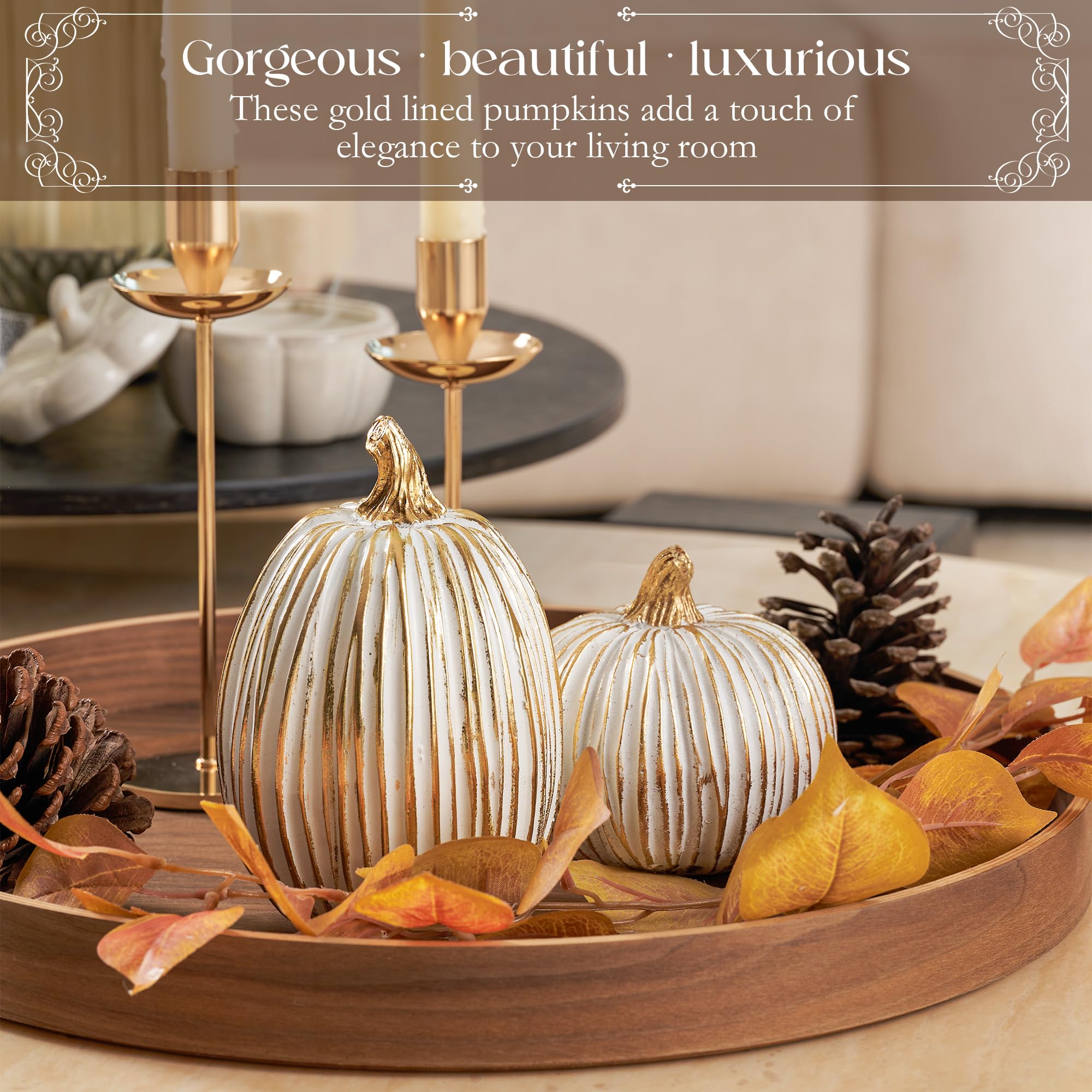Fall Decor-2PCS Fake Resin Autumn Pumpkins Decorations for Thanksgiving Home Table Centerpiece Shelf Mantel Decor, Fall Season Artificial Decorative Pumpkins for Indoor Kitchen Harvest,White&Gold
