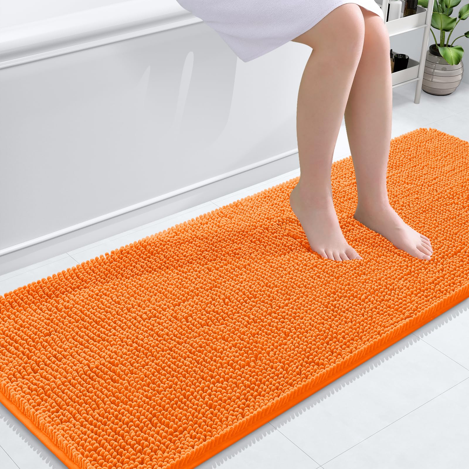 OLANLY Bathroom Runner Rugs 59x24, Extra Soft Absorbent Chenille Bath Rugs | Orange, Quick-Drying Rubber Backing, Washable Long Bath Mat for Bathroom Floor, Tub and Shower, Home Decor Accessories