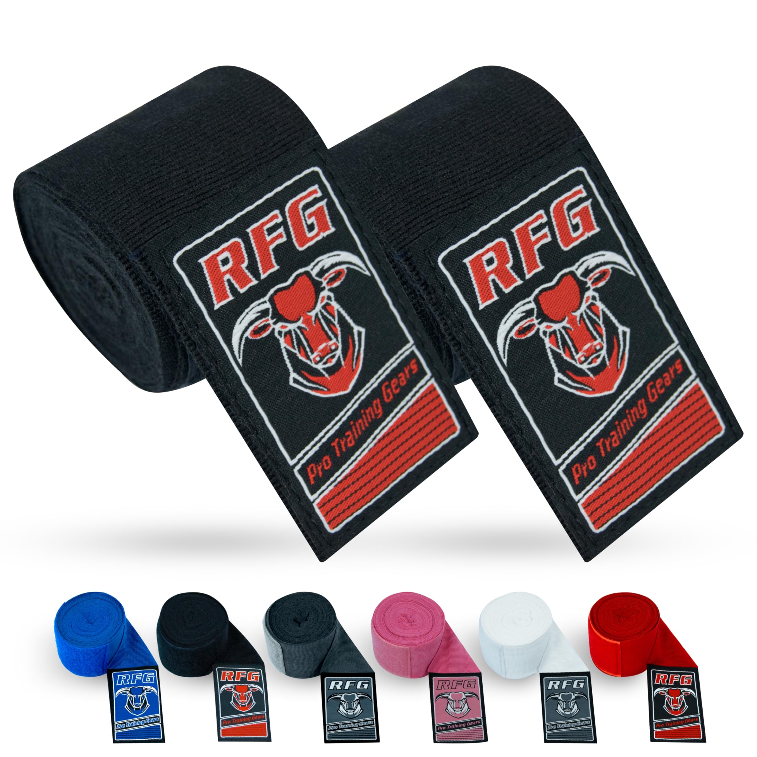 RFG Gears Boxing Hand Wraps, 2.5m, 3.5m & 4.5m Elastic Thumb Loop Bandages, Wrist Protection, Muay Thai MMA Kickboxing Training (Black, 3.5 Meters)