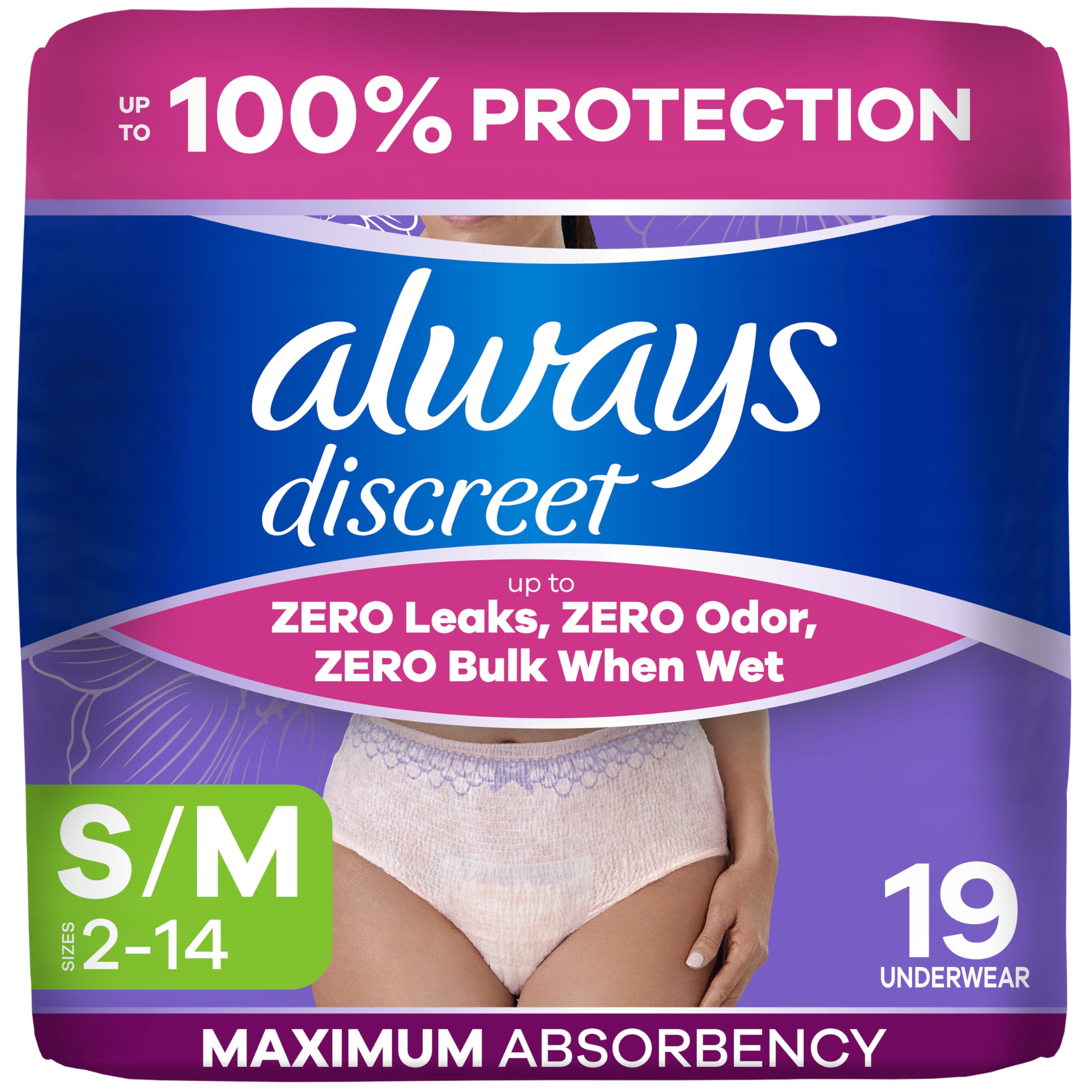 Always Discreto, ropa interior de incontinencia para mujeres, corte clásico máximo, pequeño/​medio, 19 unidades