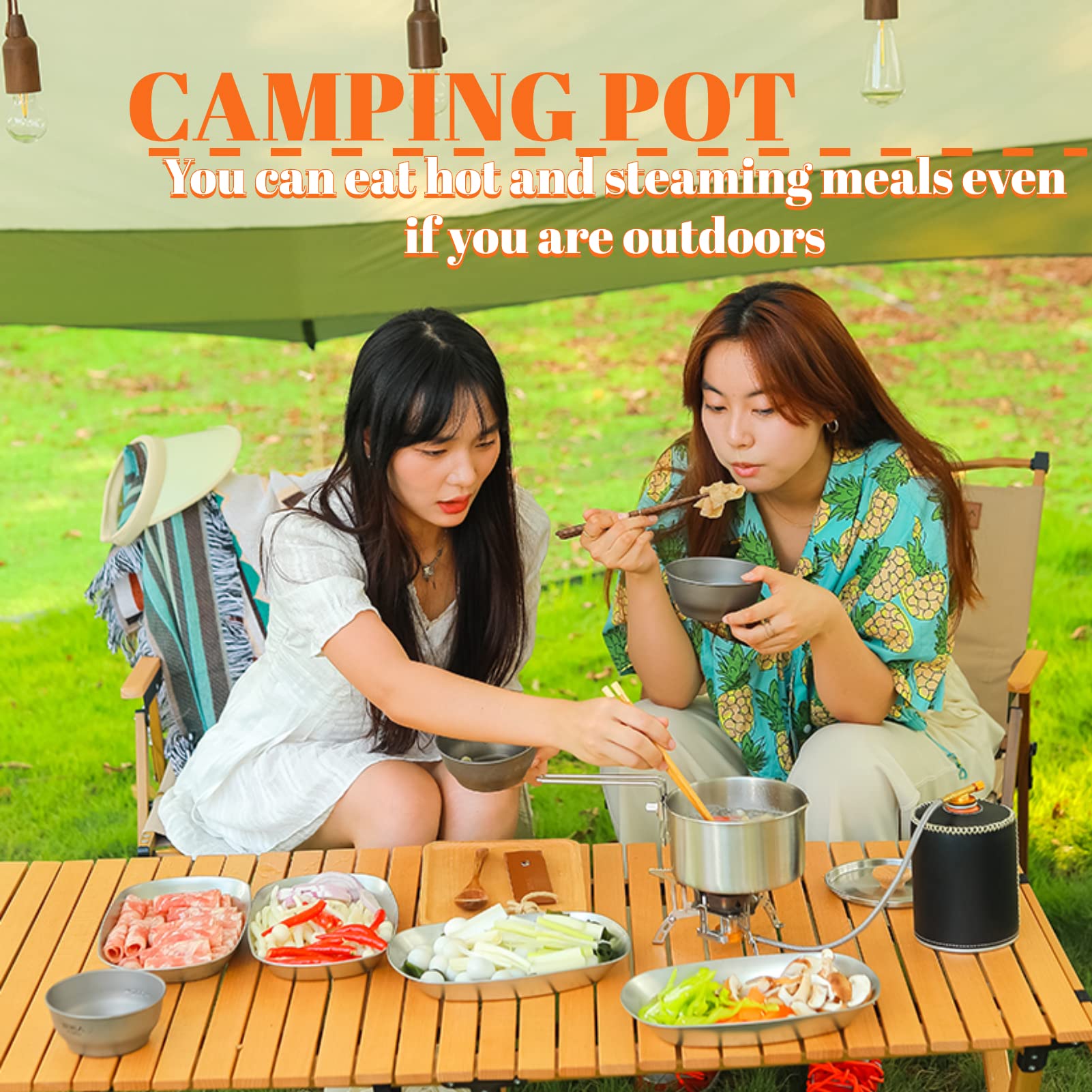 Xiuganpo Camping Pot Cookware, Stainless Steel Lunch Container 1L Backpacking Picnic Cooking Bento Box with Foldable Handle Portable Open Fire Stockpot Kettle for Outdoor Hiking, default