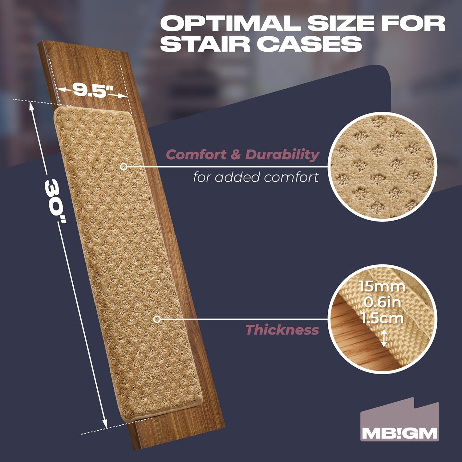 MBIGM Bullnose Non-Slip Stair Treads with Reusable Adhesive - 14 Pack 9.5" x 30" Wooden Steps Protection - TPU Backing with Steel Reinforcement - Anti-Slip Solution Lattice Camel Stair Carpet Treads 9.5" x 30" Camel - Lattice 14