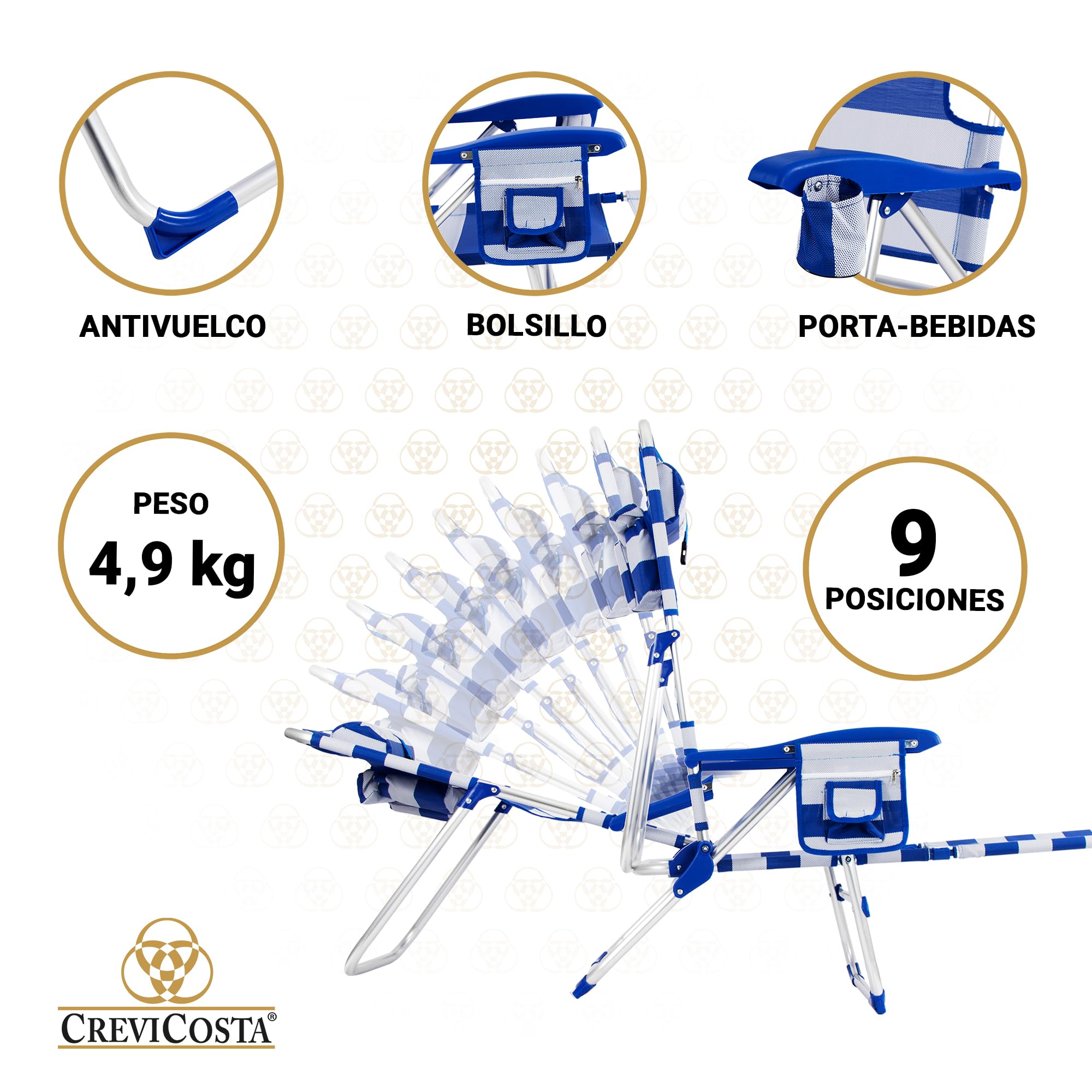 CREVICOSTA Silla de Playa Tipo Masaje 9 Posiciones Plegable Abatible con Reposabrazos