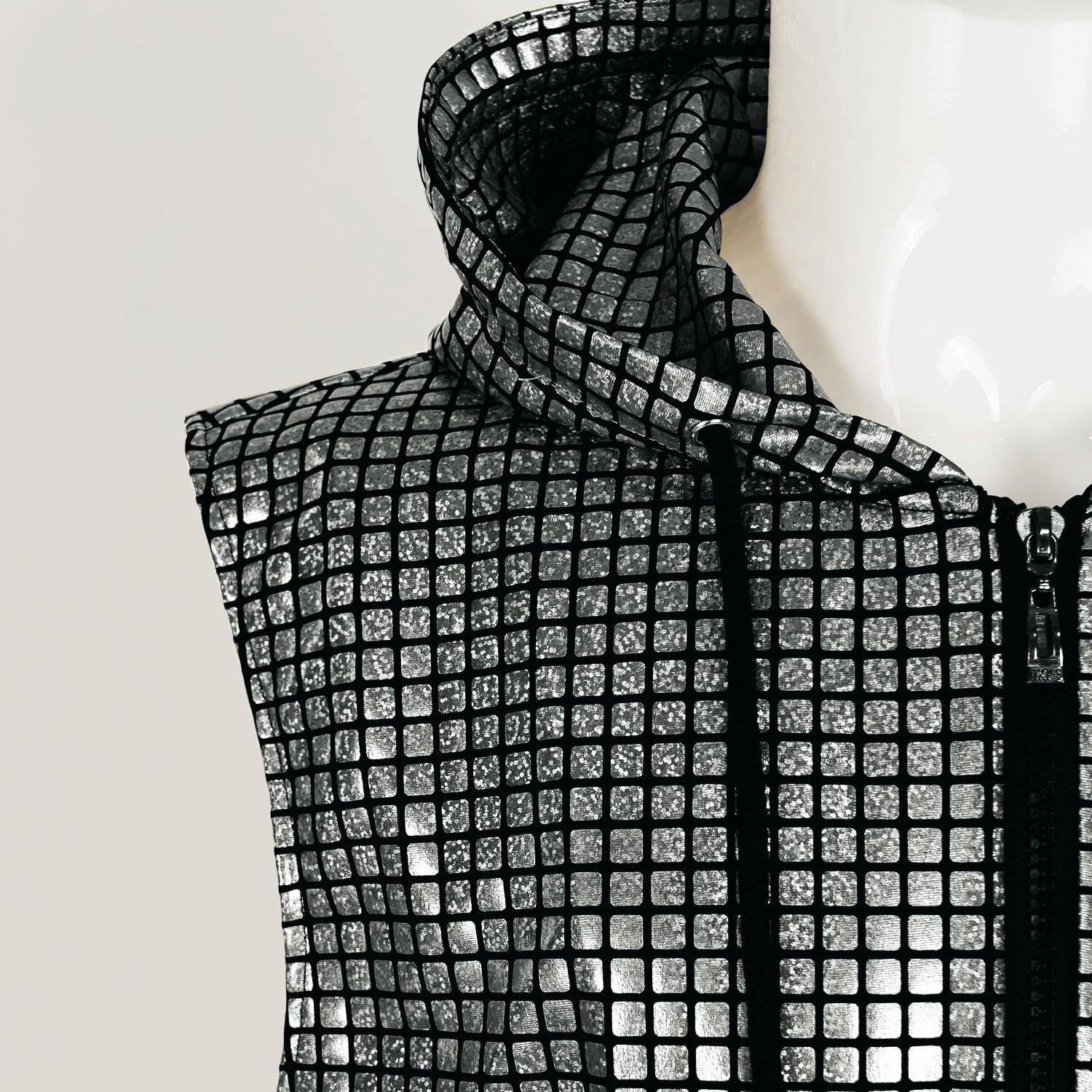 Men's Sequins Sleeveless Hooded Vest Disco Zippered Shirts 70s Disco Party Costume - Image 4