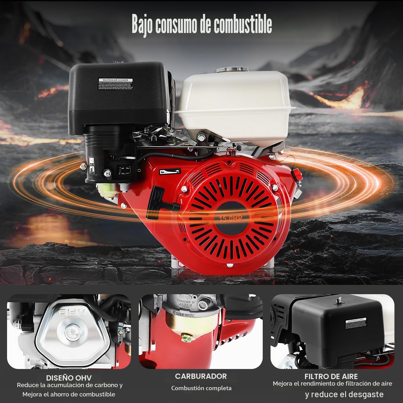Motor de gasolina de 4 tiempos, 15 CV, 9700 W, 420 cc, 3600 rpm, refrigerado por aire, 6,5 l, para sistemas de bombeo, generadores, equipos de construcción