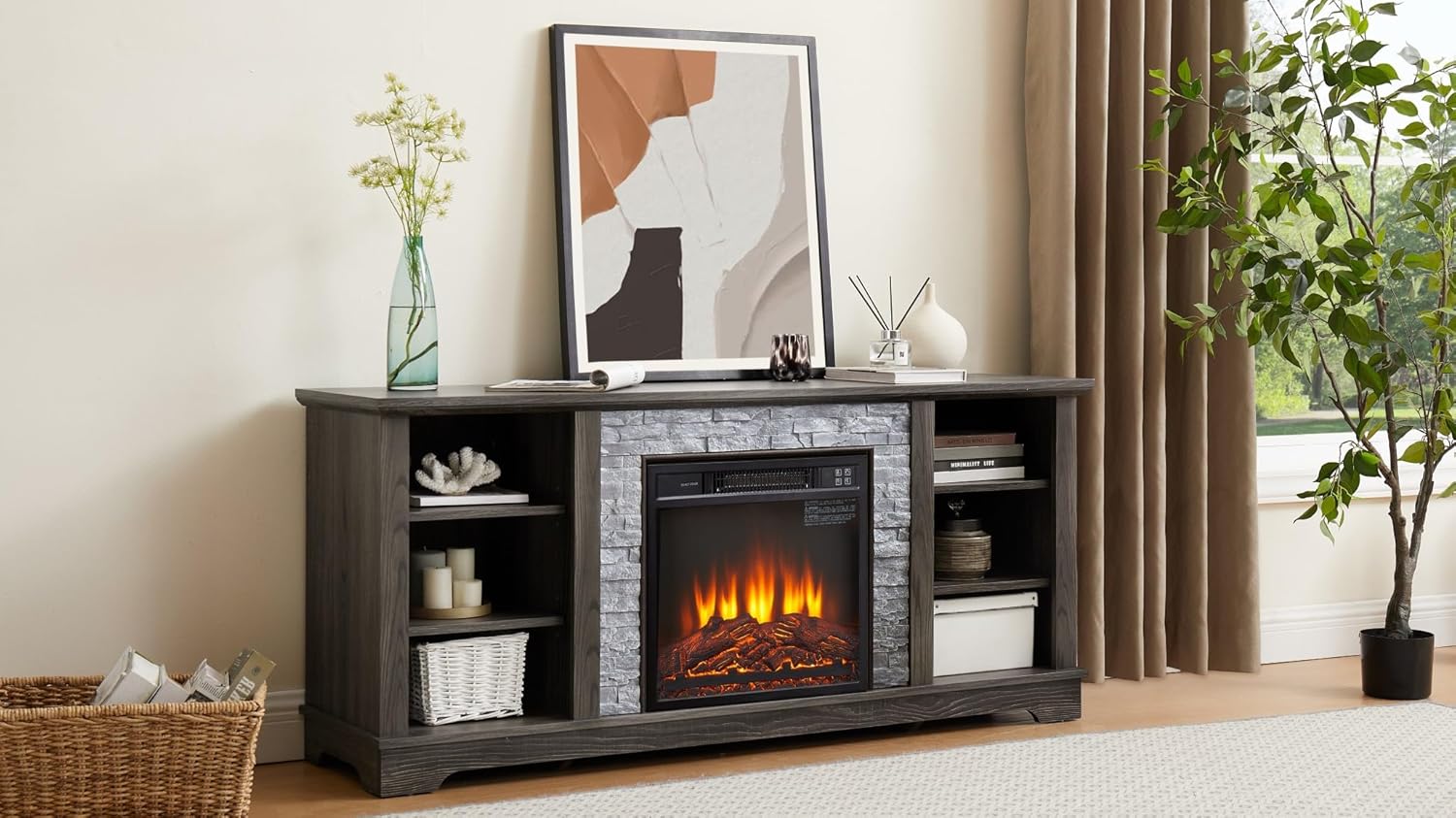 58" Electric Fireplace with Mantel, Fireplace TV Stand for TVs Up to 65", Entertainment Center with Realistic Stacked Stone Surround, 18" Electric Fireplace, TV Console Table for Living Room