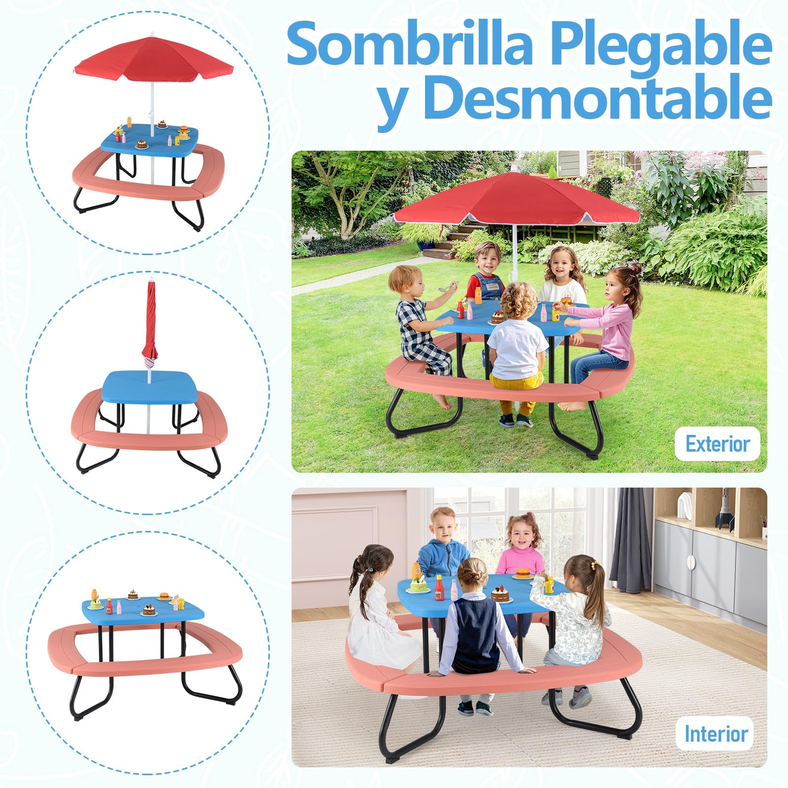 COSTWAY Mesa de Picnic para Niños, Mesa de Actividades con Sombrilla Ajustable y Plegable, 4 Bancos Incorporados para hasta 8 Niños, Juego de Mesita de Picnic de HDPE con Marco Metálica (Azul+Rojo)