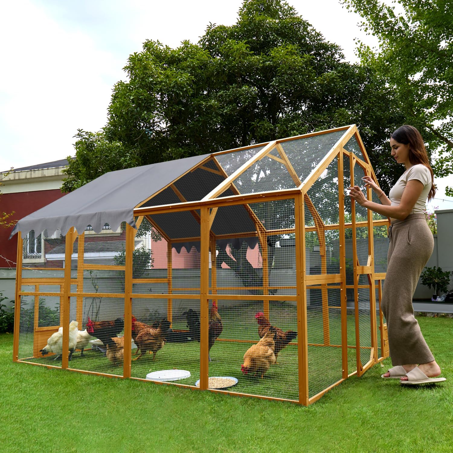 Outdoor Chicken Coop Enclosures 110" Large Kitten Playpen Yellow Wood Walk-in Style Catios Outdoor Summer Fun