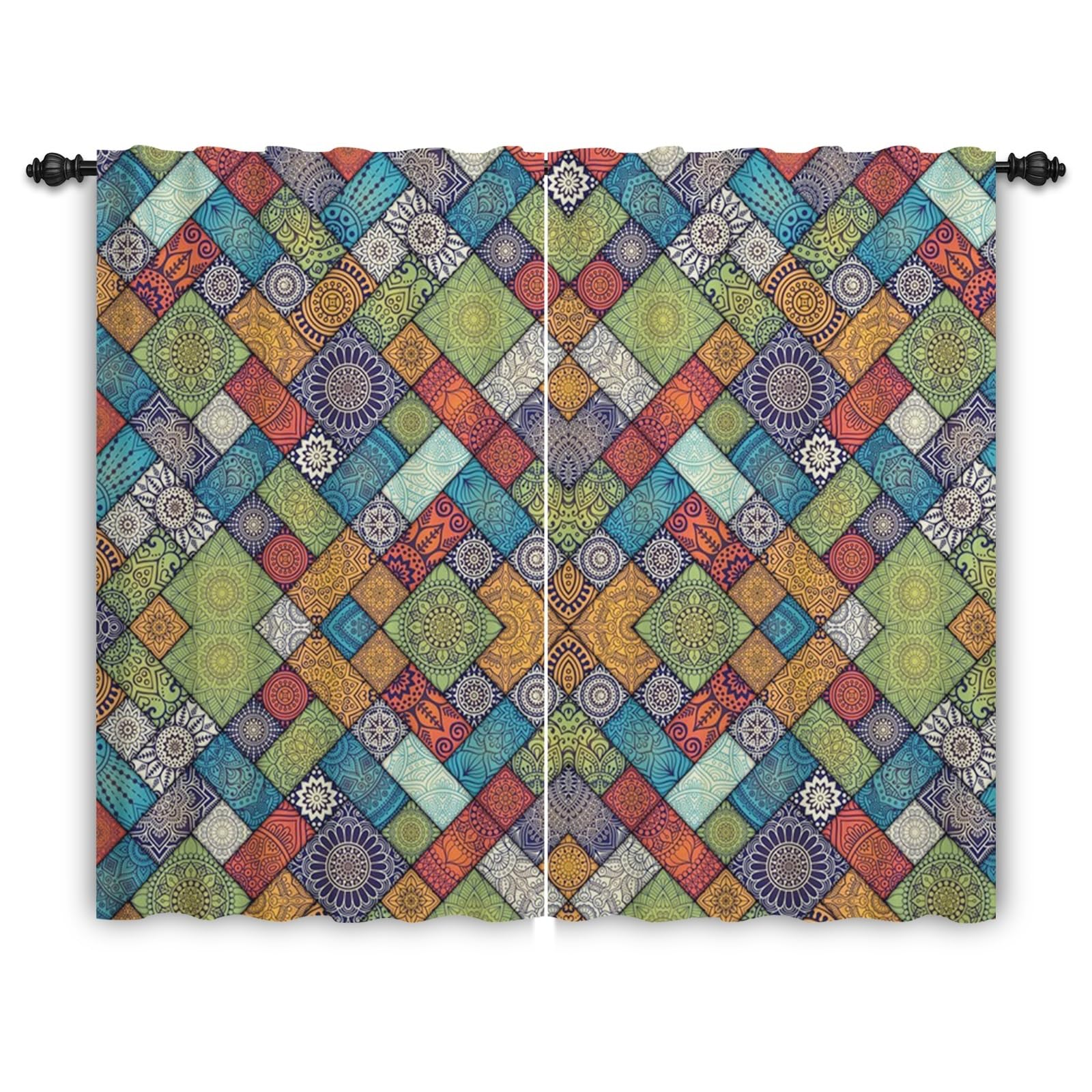 ggaimwf Boho Patchwork Curtain Moroccan Ethnic Bohemian Mandala Curtains Pencil Pleat Multicolor Window Decor Bedroom Dining Room Privacy Curtain Room Divider Rod Pocket 107x215cm 2 Panels