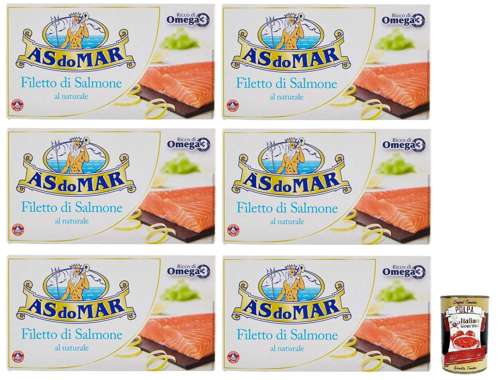 6x AS do MAR Filetto di Salmone al Naurale,Natürliches Lachsfilet,Reich an Omega 3,Dose 150g + Italian Gourmet Polpa di Pomodoro 400g Dose