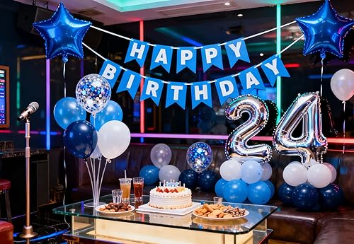 Miniatura 2 de 24th Birthday Party Decoration Blue for Men, Happy Birthday Banner Blue Number 24 Birthday Star Foil Balloons Latex Confetti Balloons for Men Him 24