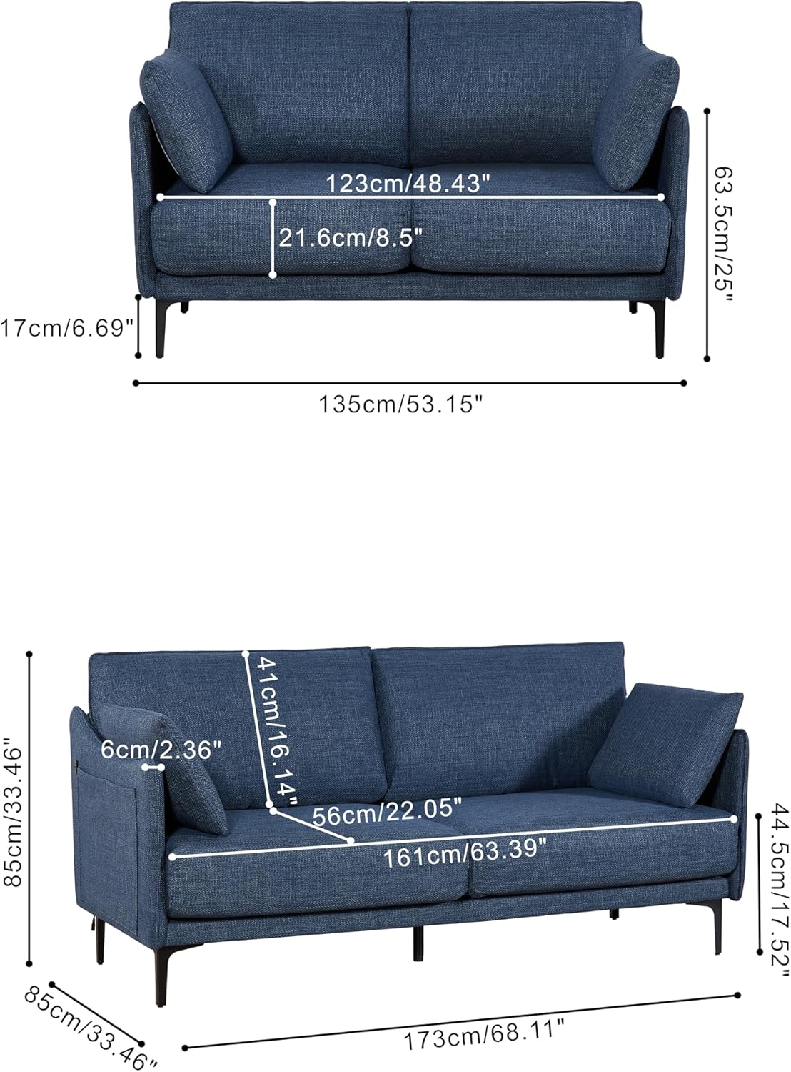 2.5 Seater Sofa with USB Charge Port, Dark Blue Fabric Couch for Living Room, Bedroom, Office, Includes 2 Pillows, Metal Legs, Comfortable Design