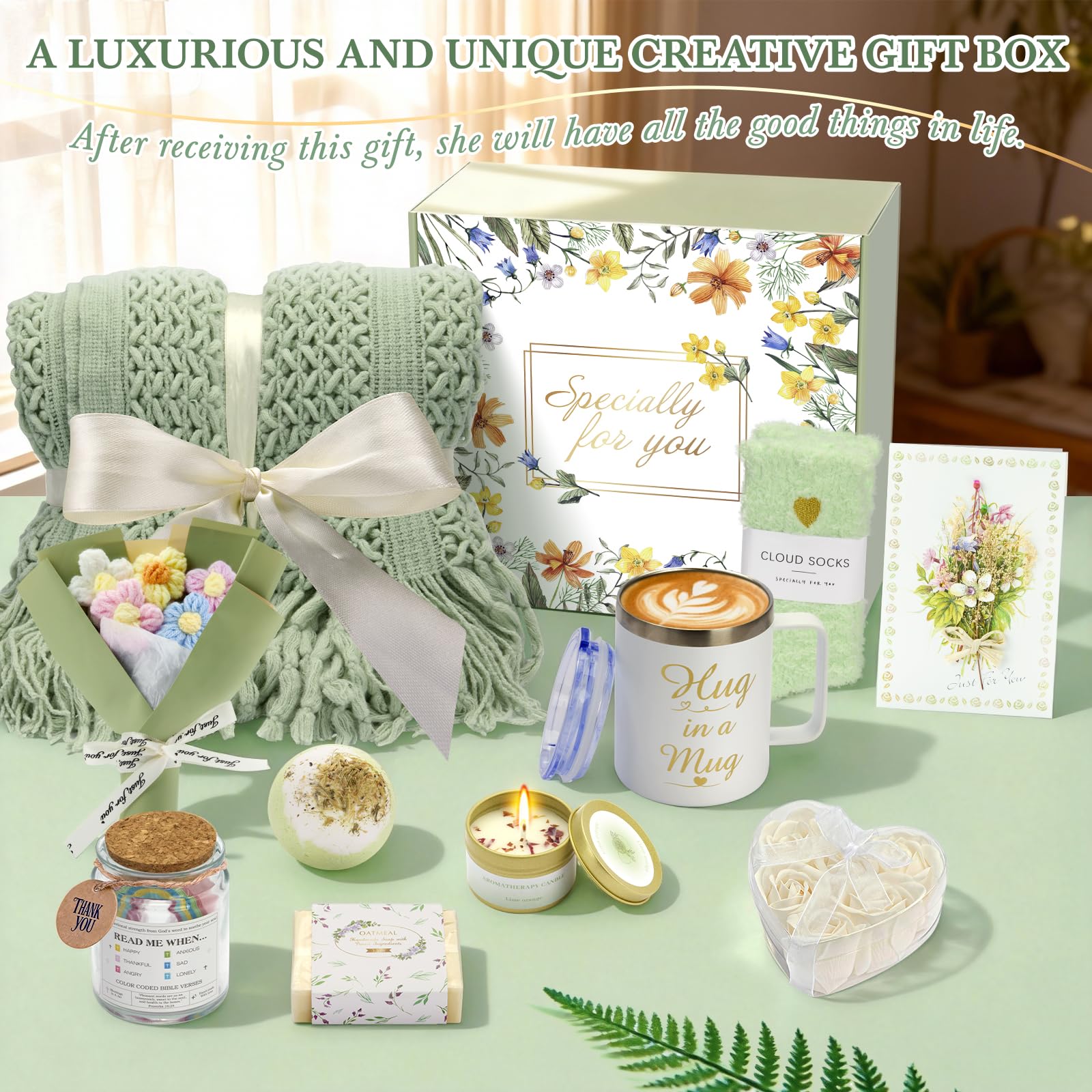 Canastas de regalo para mujeres, 11 piezas de regalos únicos de cumpleaños para mujeres, cestas de regalo de cuidado personal, agradecimiento, recuperarse, regalos inspiradores de amistad para mamá