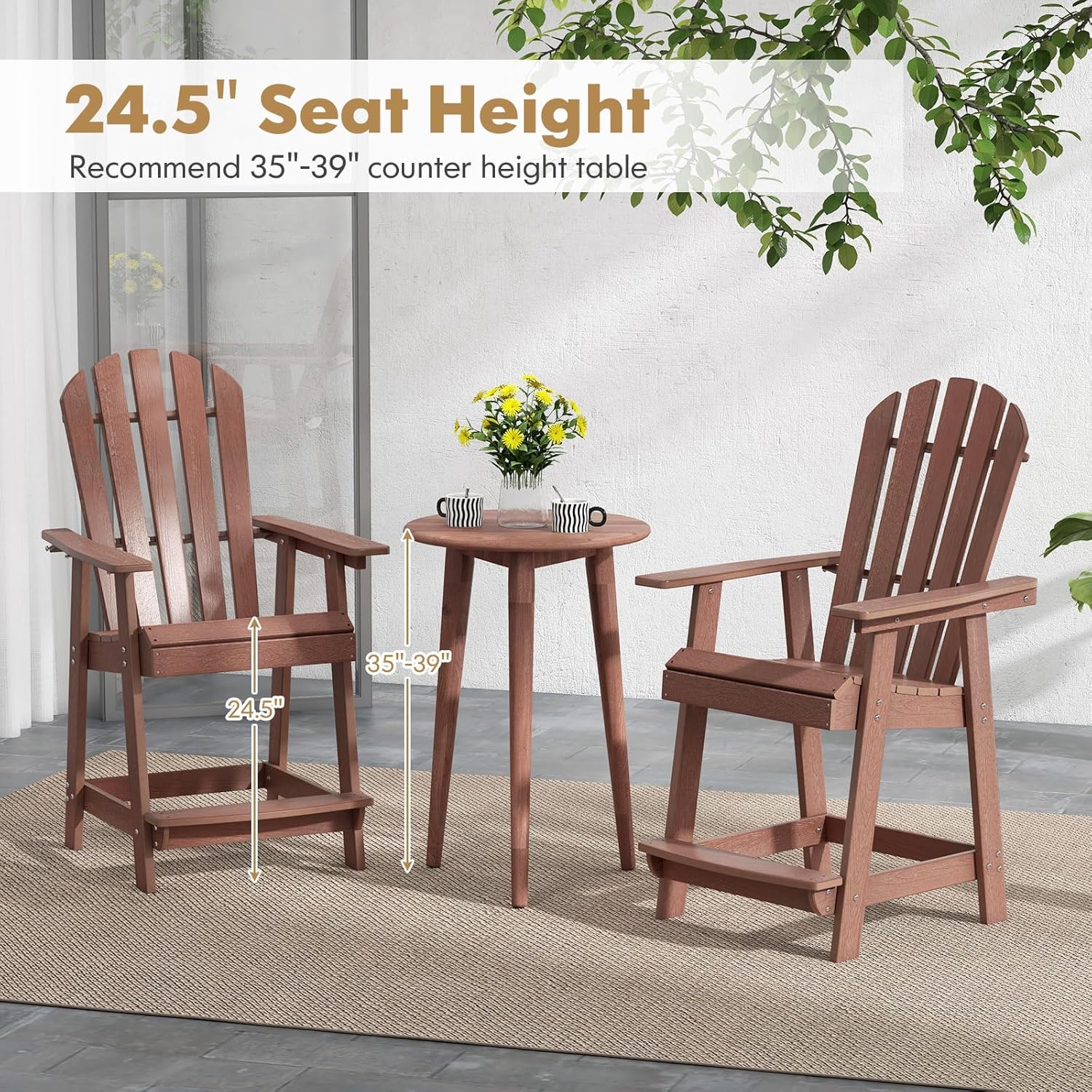 HAPPYGRILL Tall Adirondack Chairs Set of 2, HDPE Patio Bar Stools Set, Bar Height Chair with Armrests & Footrest, for Outdoor Backyard Lawn Poolside