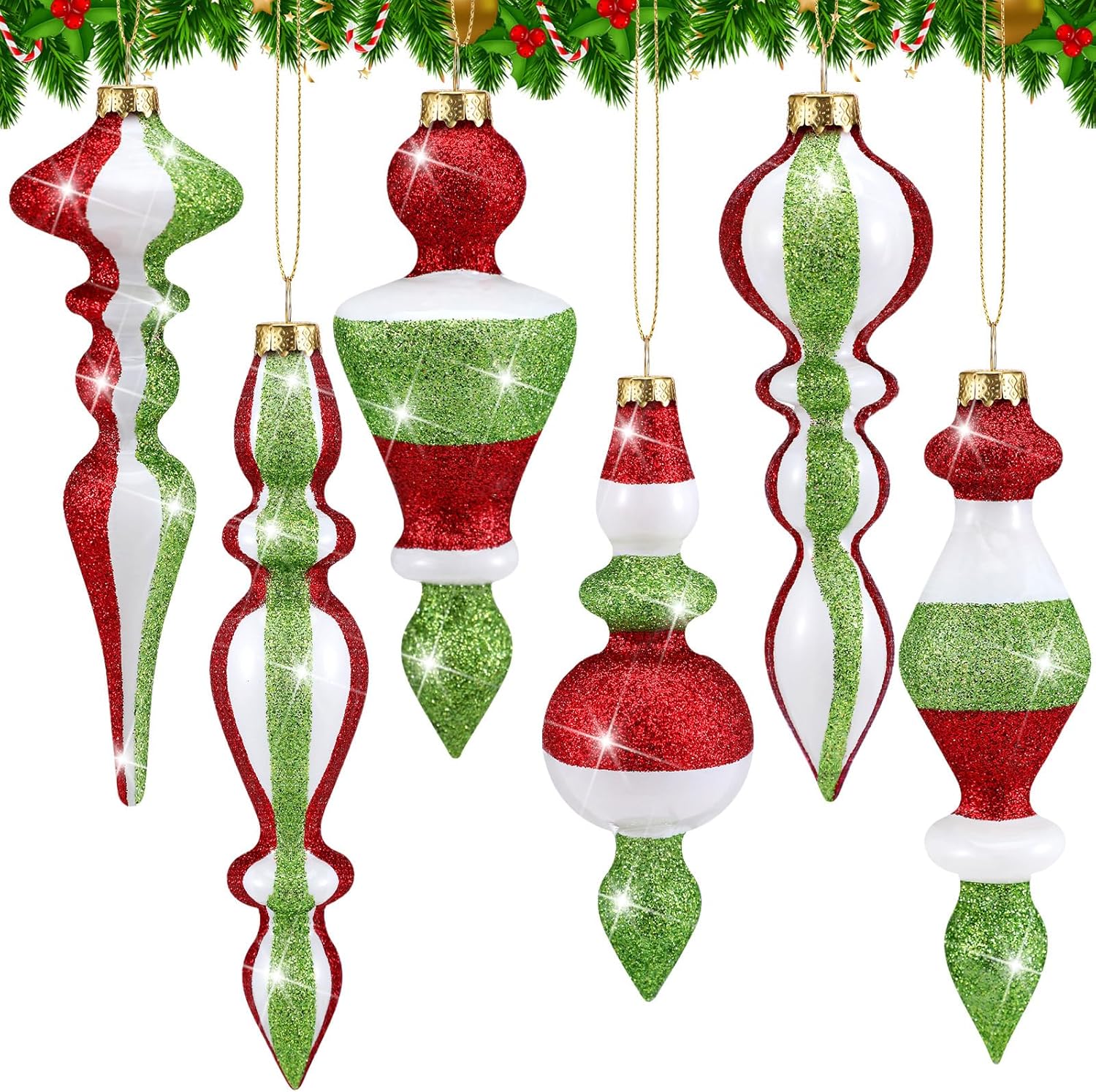 6 Pcs 6.3 Inches Mercury Glass Finial Christmas Ornaments Hanging Christmas Finials Glass Ornaments Assorted Mercury Decor for Vintage Holiday Xmas Tree Decoration (Red and Green)