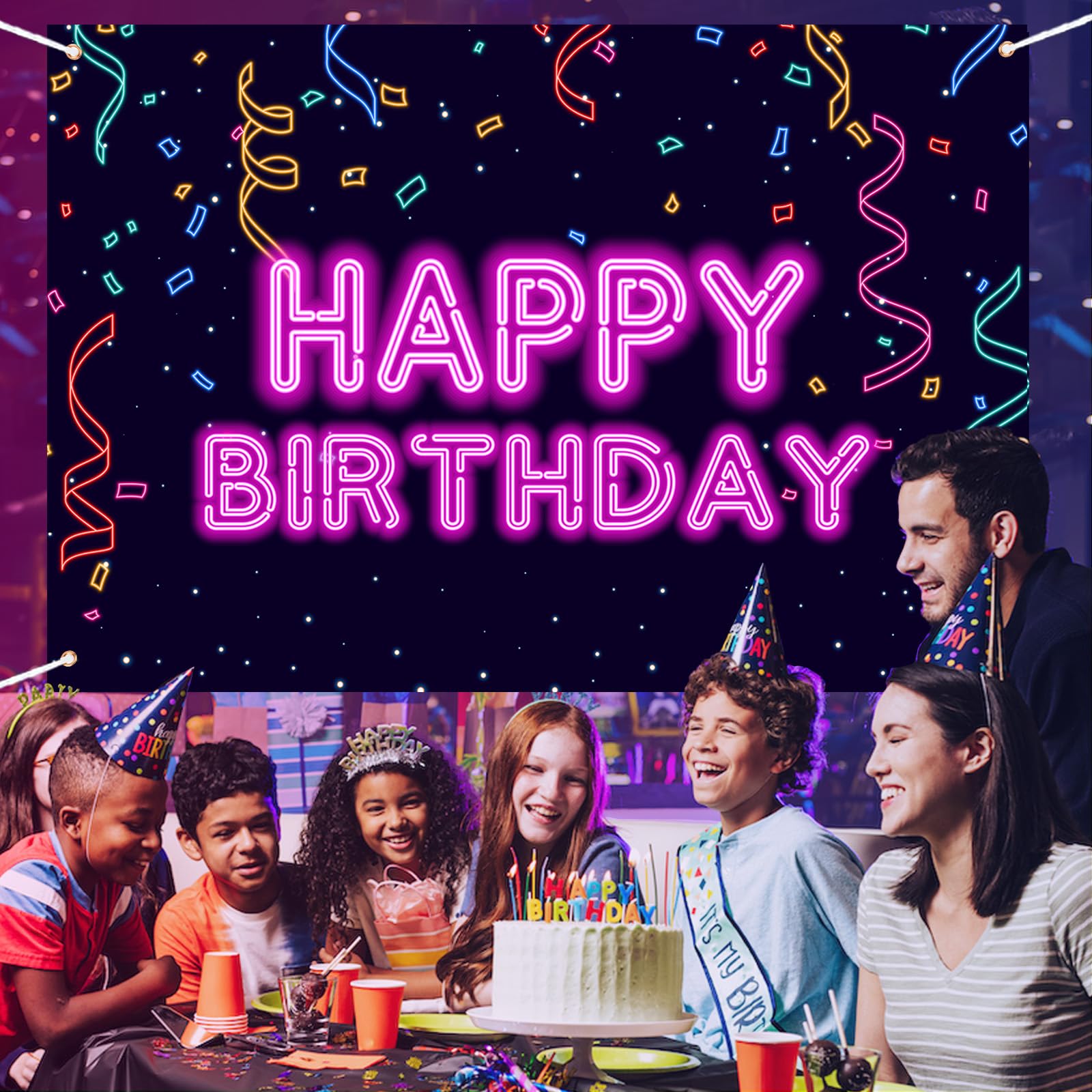 Blissyard Neon Happy Birthday Banner Backdrop - 71x43 Inch Glow In The Dark Party Decor For Kids, Teens, Photography - View #2