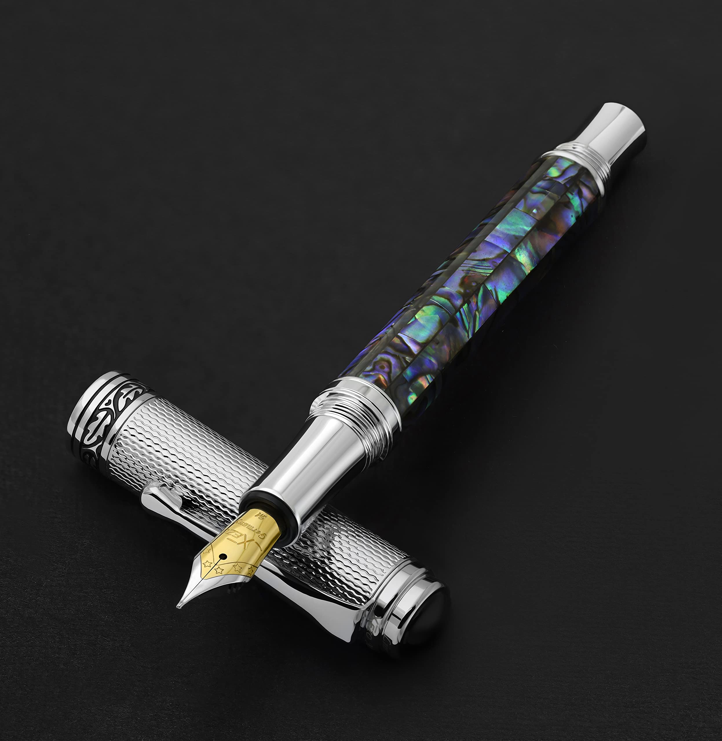 Xezo Maestro Fountain Pen, Medium Nib. Pāua Abalone Sea Shell Inlay with Chrome Plating. Handcrafted, Limited Edition, Serialized. No Two Pens Alike