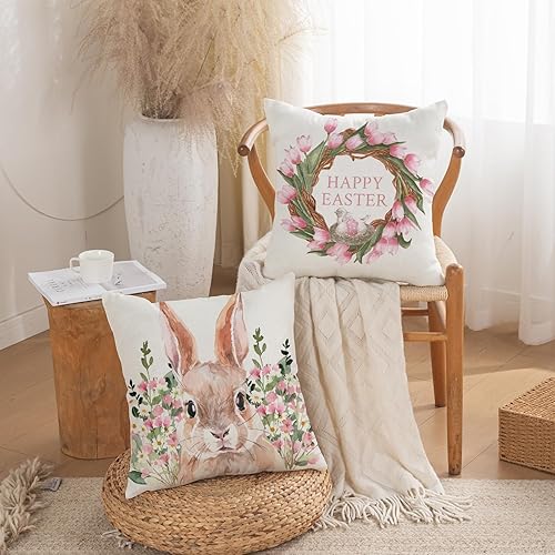 Miniatura 3 de TAJWE Fundas de almohada florales de Pascua de 20 x 20 pulgadas, juego de 2 fundas de cojín de flores de primavera, conejo, decoración de conejo