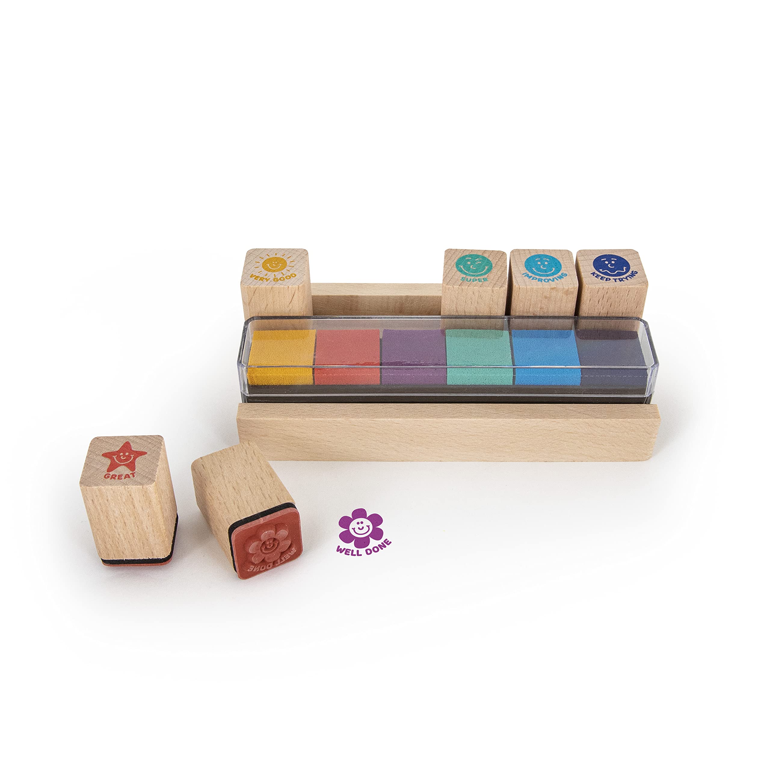 TRENDHAUS 955715 Stamp Set English, 6 Teacher Stamps with Colourful Ink Pad, Wooden Stamp for Children for Teachers Wood - Image 3