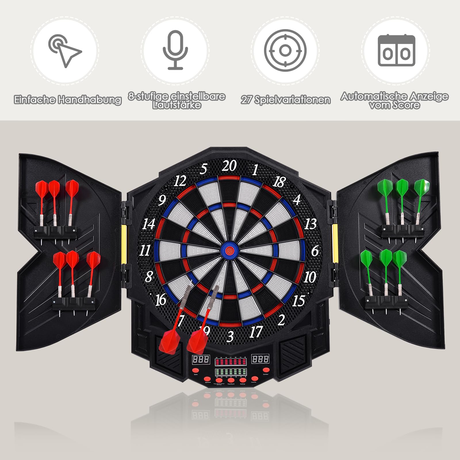 HOMASIS Set di freccette elettroniche con 12 freccette schermo a LED, bersaglio elettronico pieghevole con 27 giochi e 216 varianti per 1-8 giocatori,bersaglio digitale freccette in bar, casa,ufficio
