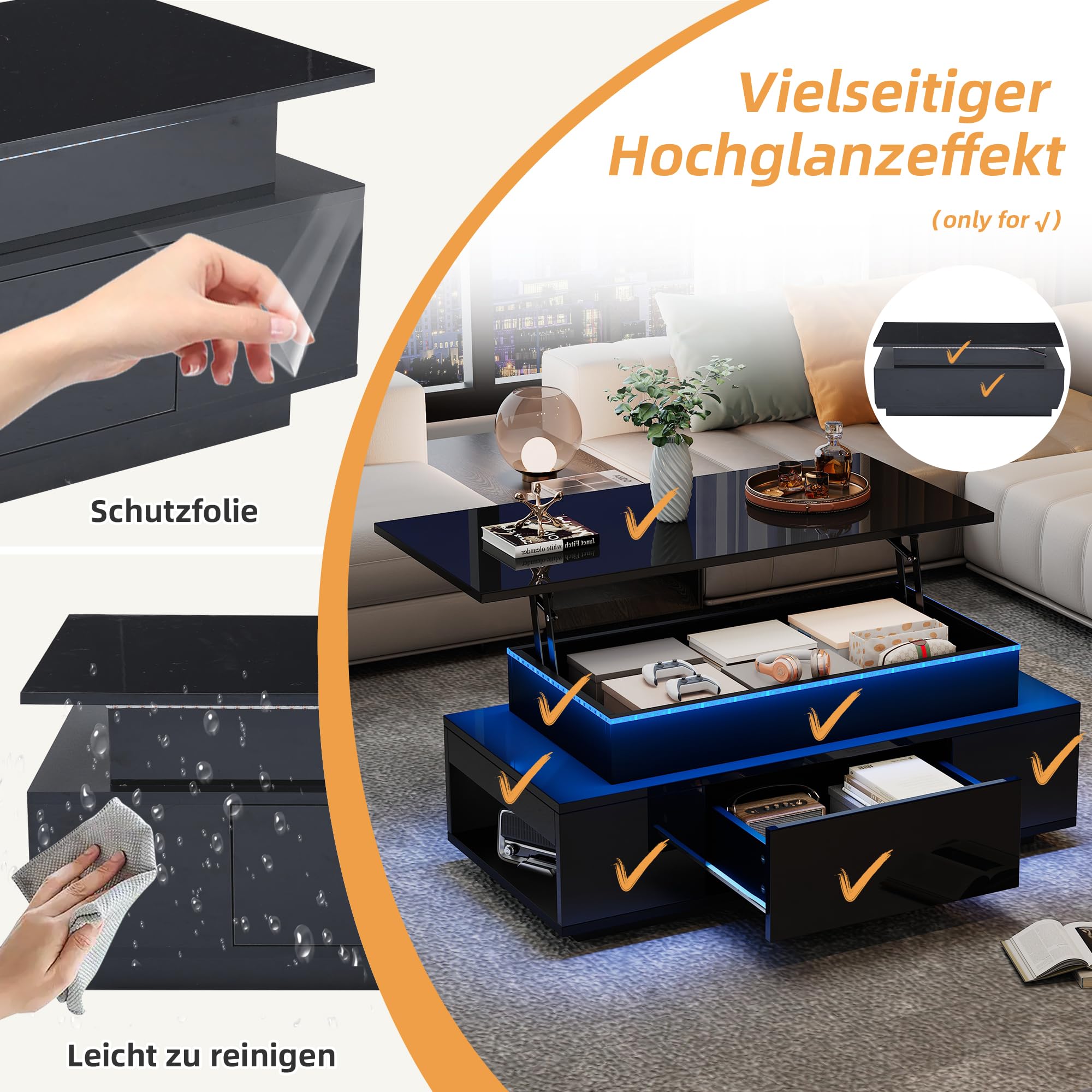 Merax Höhenverstellbarer CouchtischHochglanz Wohnzimmertisch mit LED Beleuchtung, Lift-Top Kaffeetisch mit Schublade,Ablagefächern, Sofatisch für Wohnzimmer,96 x 45 x 40 cm, Schwarz