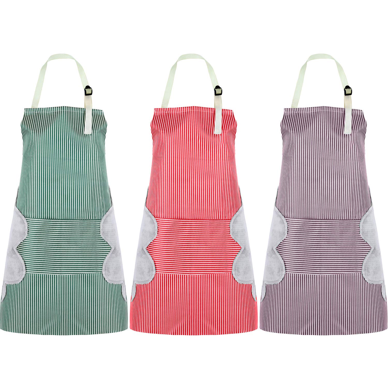 SATINIOR 3 Pieces Women Apron with Pockets Adjustable Bib Apron with Hand-Wiping Coral Towels Stitched Waterproof Durable Pinstripe