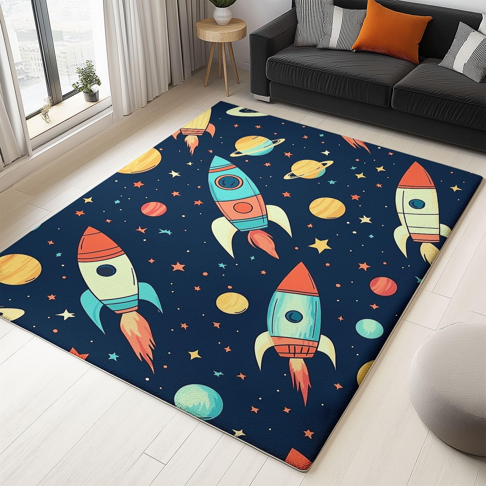 80 x 150 cm Teppich für Wohnzimmer – Kurzflor, Pflegeleicht & Extra Weich, Rechteckiger Teppich mit Niedliche Cartoon-Rakete Stern, geeignet für Schlafzimmer Kinderzimmer, Bunt
