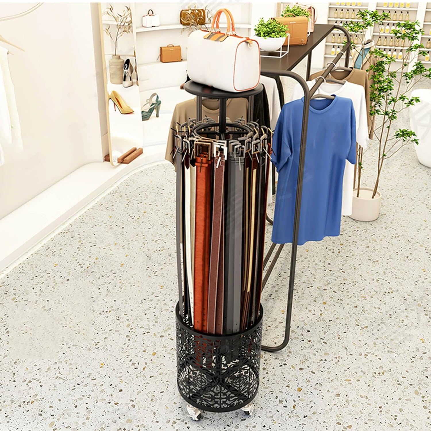 Rotatable Floor-Standing Belt Rack - Belt Organizer & Storage Hanger Shelf for Scarves, Shawls & Purses - Perfect for Clothing Stores & Bedrooms