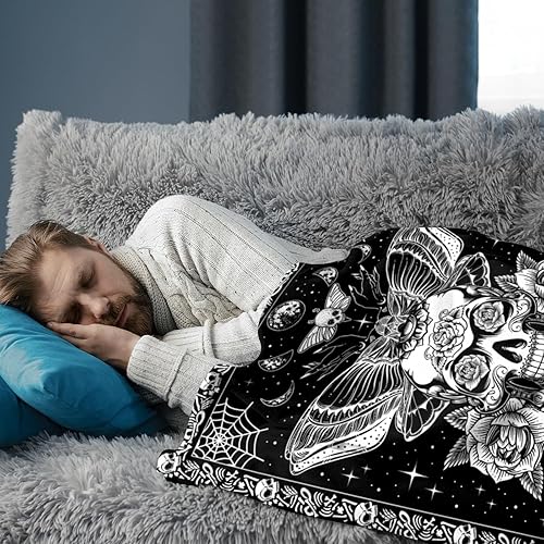 Miniatura 9 de Manta de franela de Halloween con diseño de flores y calavera, color negro, suave, ligera, acogedora, de felpa, gótica, para Halloween, sol y luna,