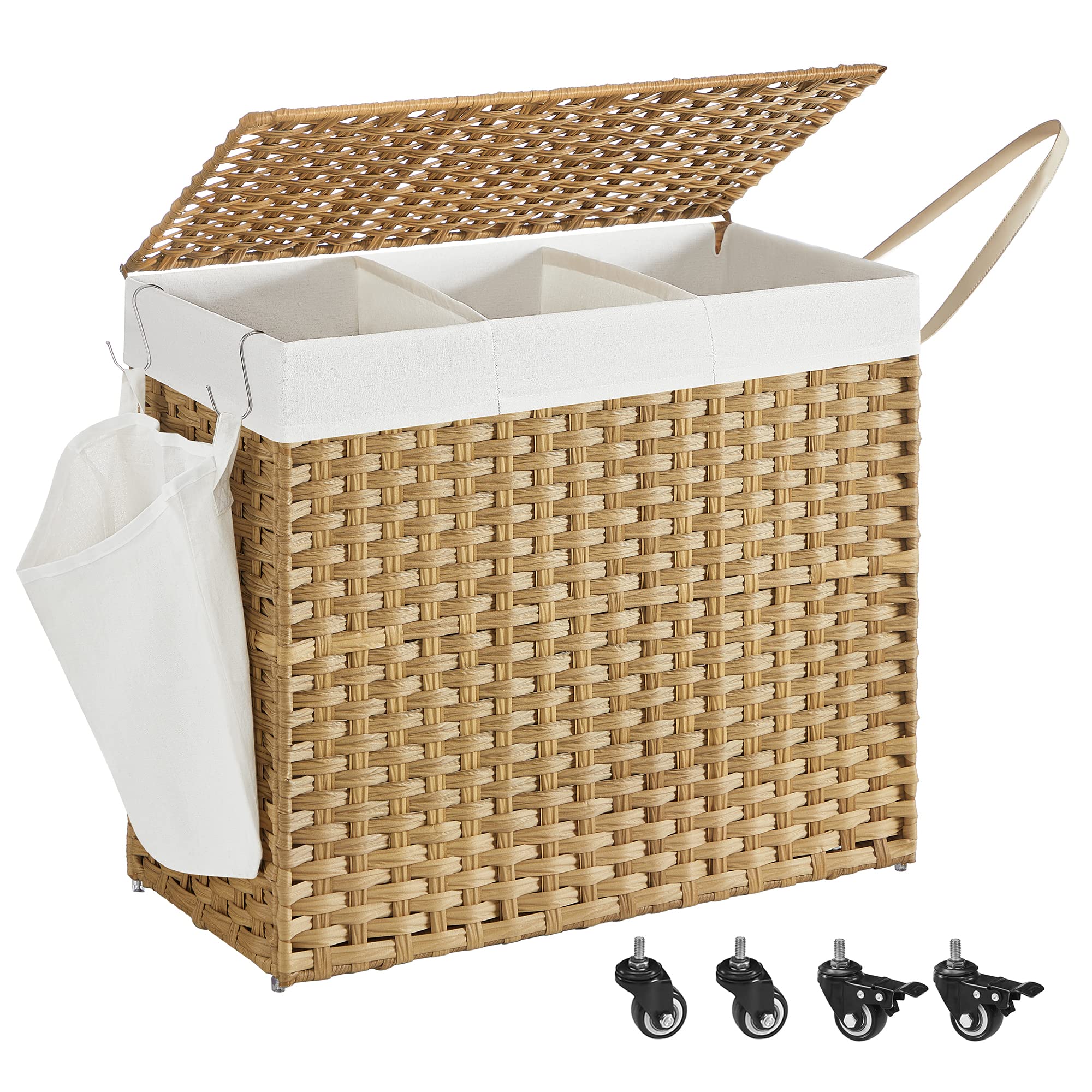 SONGMICS Panier à Linge avec Couvercle, 160L, Corbeille Linge Sale Tressé, avec roulettes, 3 Compartiments, Sac Intérieur Amovible, pour Buanderie, Chambre, 70 x 36 x 66 cm, Couleur Boisée LCB365N01