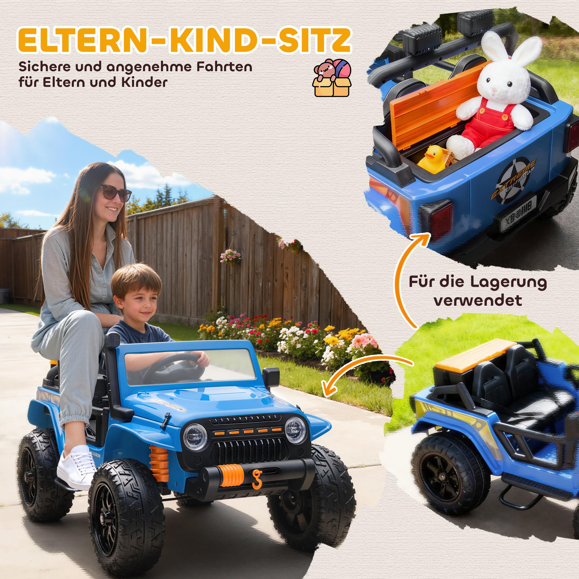 AIYAPLAY Kinder Elektroauto 12V mit Fernbedienung 2 Motor 3-8 Jahre Blau | Kinderauto Elektrisch, Kinderfahrzeug mit Hupe, LED, Musik, Elektrofahrzeug mit Eltern-Kind-Sitz, 4 gefederten Rädern