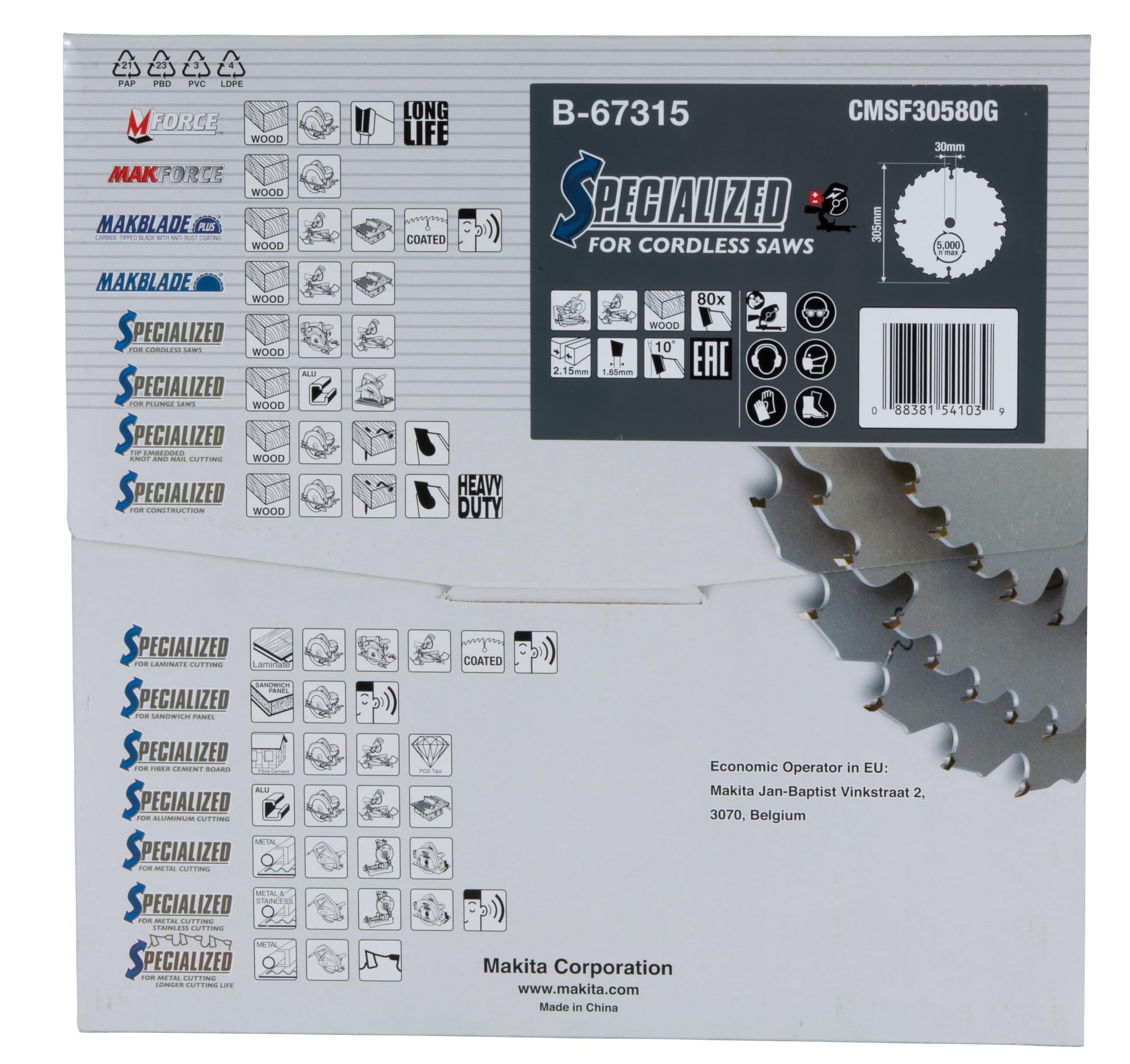 Makita Sägeblatt Efficut Holz für Akku Kapp- und Gehrungssägen (305 x 2,15 x 30 mm, 80 Zähne) B