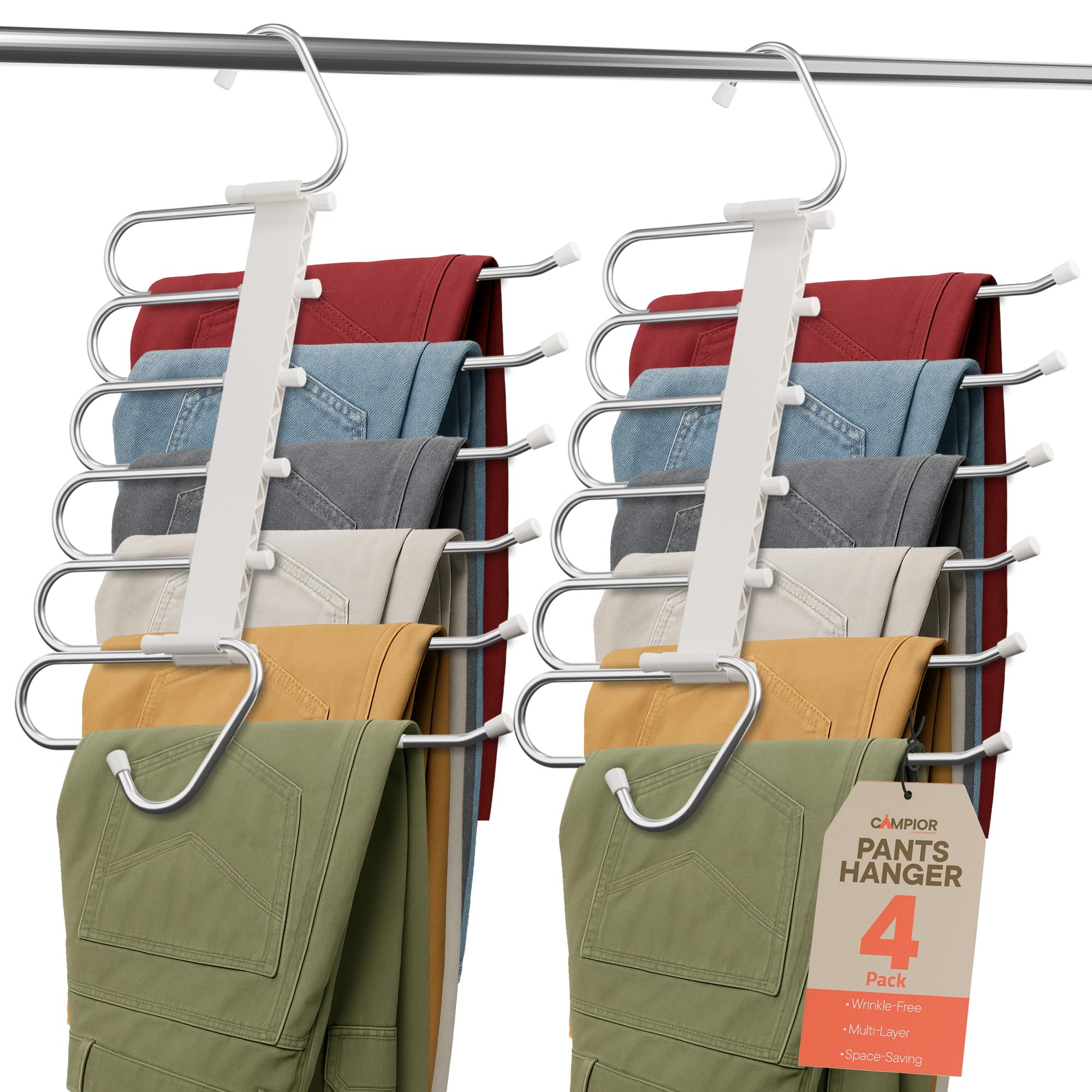 Campior Grucce salvaspazio per pantaloni, confezione da 4 grucce per jeans a 6 strati e organizer per jeans, sciarpe e gonne, appendiabiti multistrato con tappo antiscivolo, in acciaio inox resistente