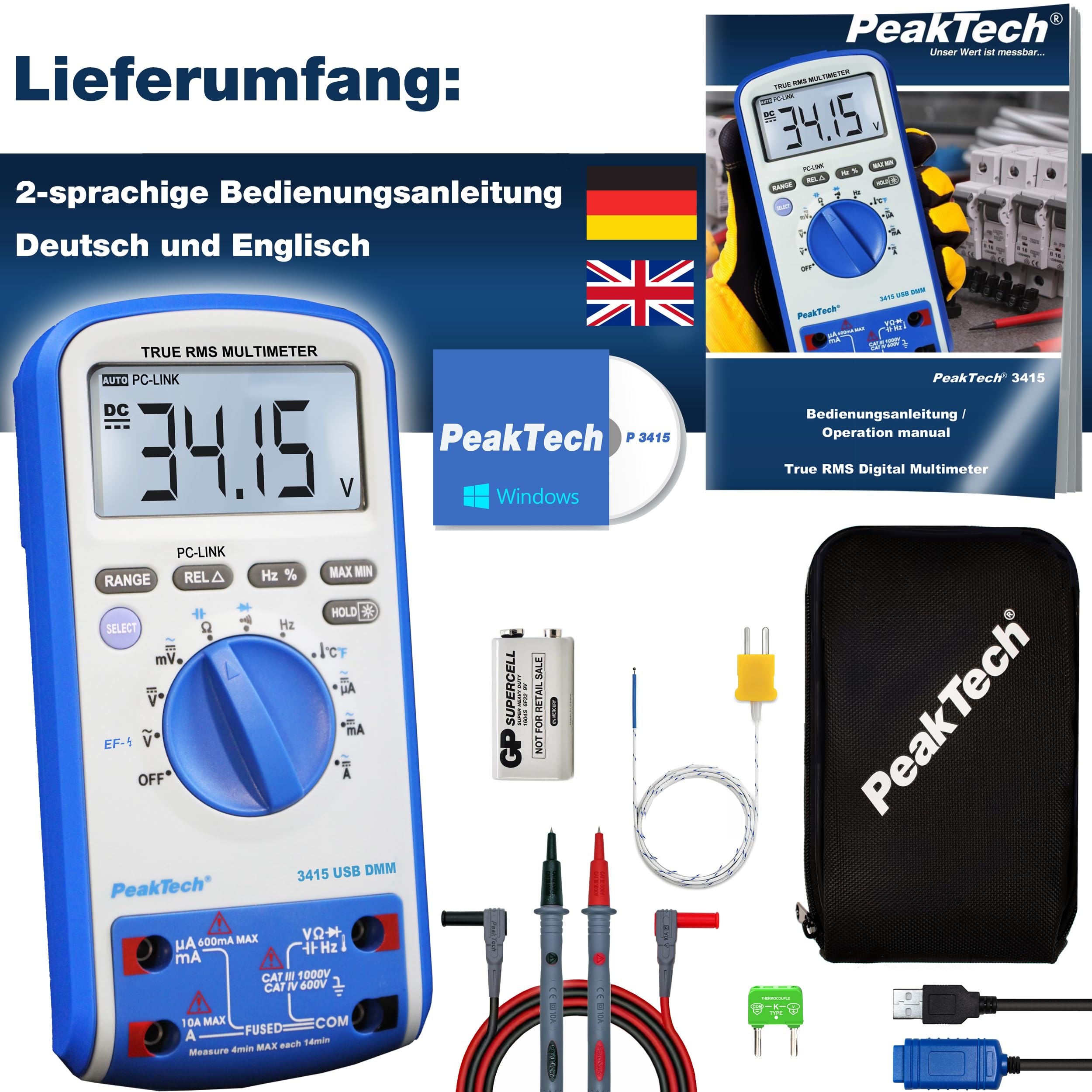 PeakTech P 3415 – TRUE RMS Digital Multimeter 6000 Counts mit USB, Durchgangsprüfer, Temperatur und Autorange - Cat III 1000V/ CAT IV 600V
