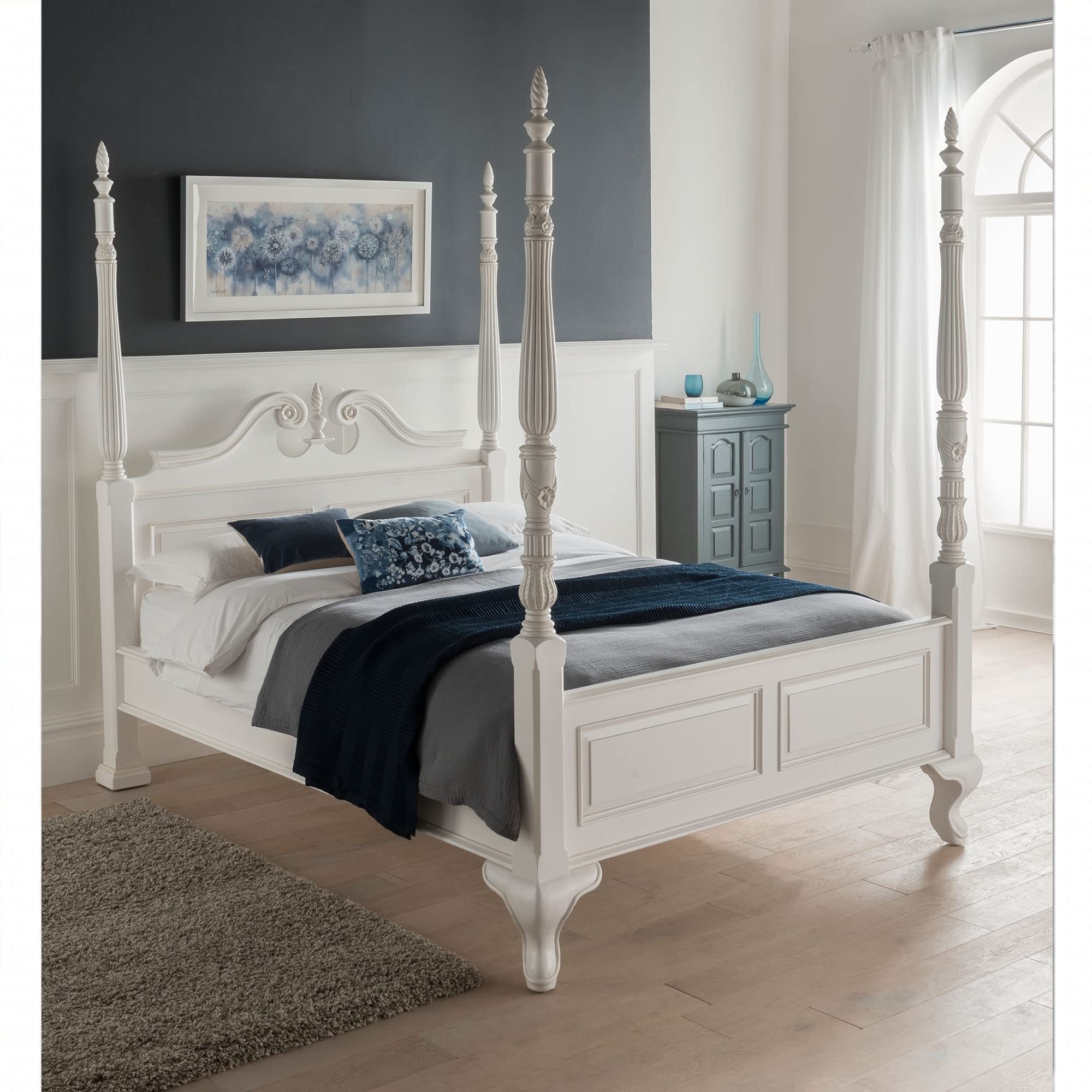 Homesdirect365 Four Poster Antique French Style Bed Kingsize | King Size Bed Frame | White Bed Frame | Bed Frames | Beds, Frames & Bases | Wooden Bed Frame | Bed Frame King Size