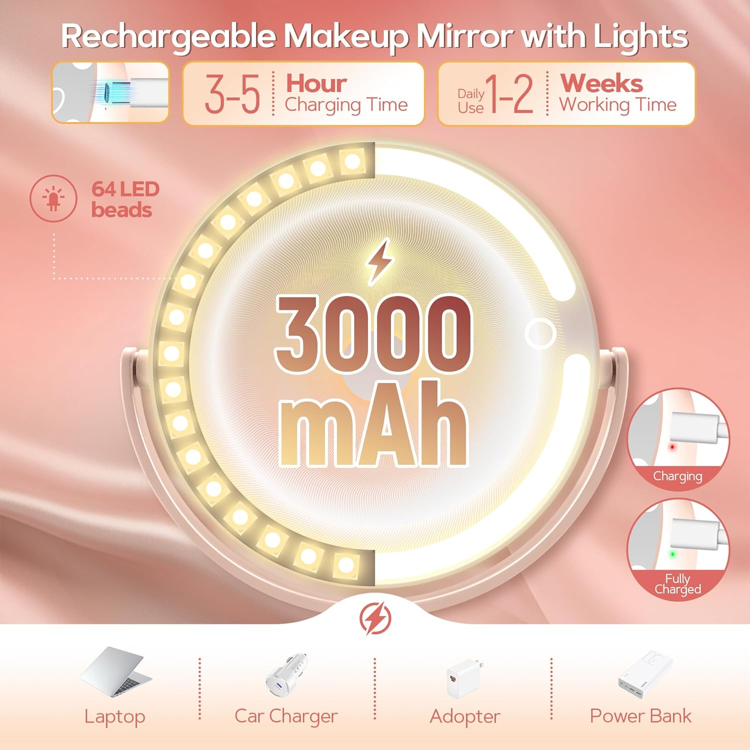B Beauty Planet Makeup Mirror with Lights, Lighted Magnifying Mirror 30X with 3 Lighting and Adjustable Brightness, 2-Sided Height Adjustable Vanity Mirror for Bathroom, Gifts for Women Pink
