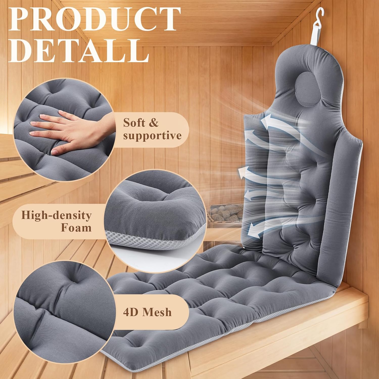 Novabright Sauna Backrest Cushion Foldable, Thick Insulated Seat Mat with Back Support, Portable Pad for Infrared Sauna, Full Body Lounge Cushion for Neck & Back Relief