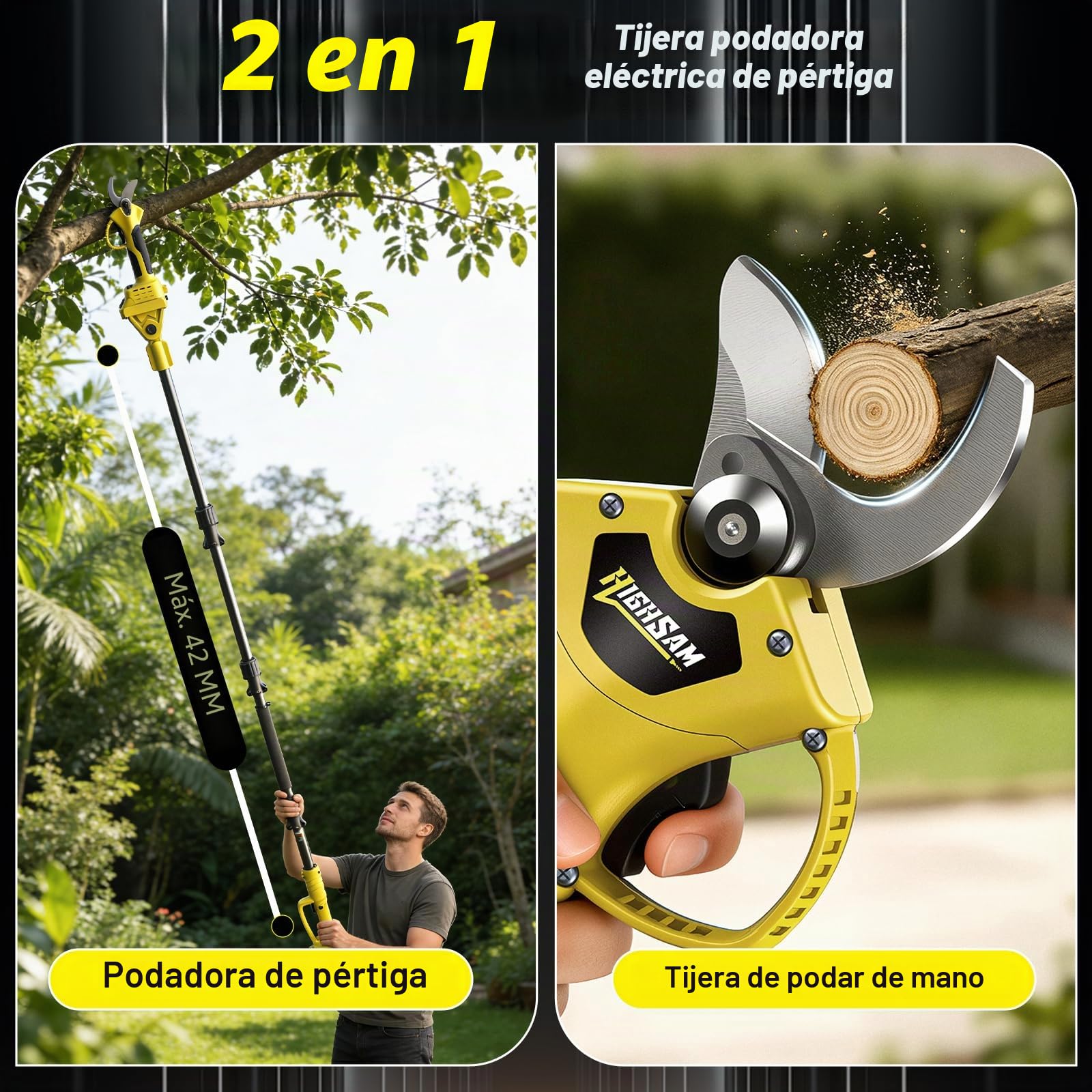 2 en 1 Tijeras de podar a batería telescópicas, compatibles Makita 18V, alcance 4m, motor sin escobillas 1500W, 2×2.0Ah, corte 42mm, rotación 180°, para jardinería y poda de árboles (yel)