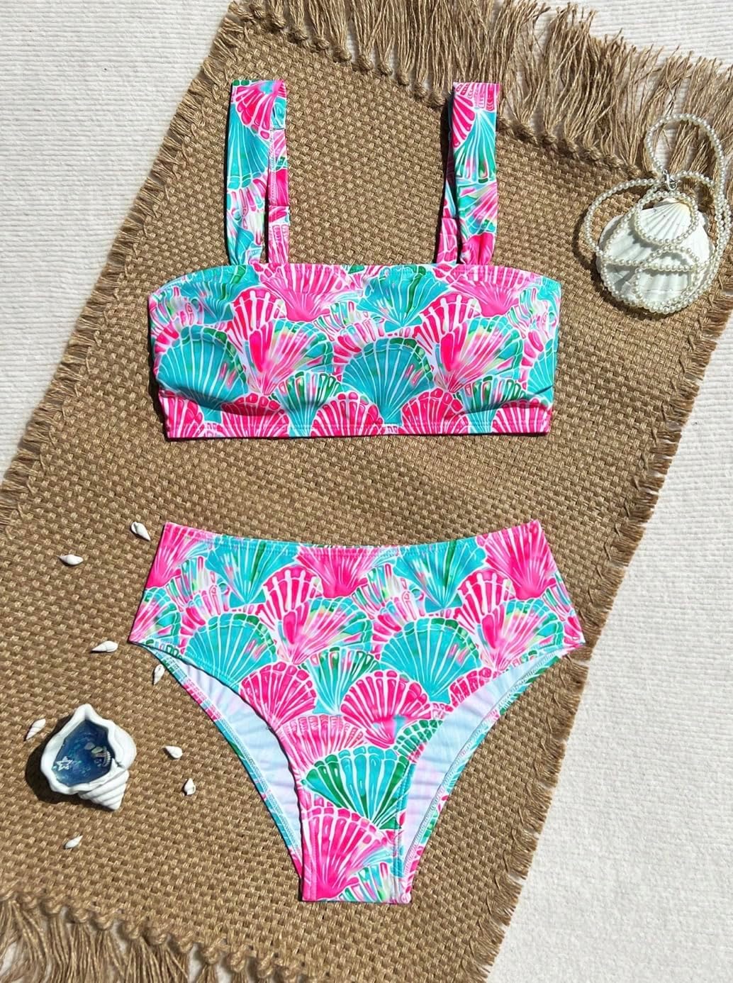 Seashell Print Bikini Set, High Waisted 2 Piece Swimsuit, Square Neck Crop Top Bathing Suit, Women's Summer Beach Swimwear