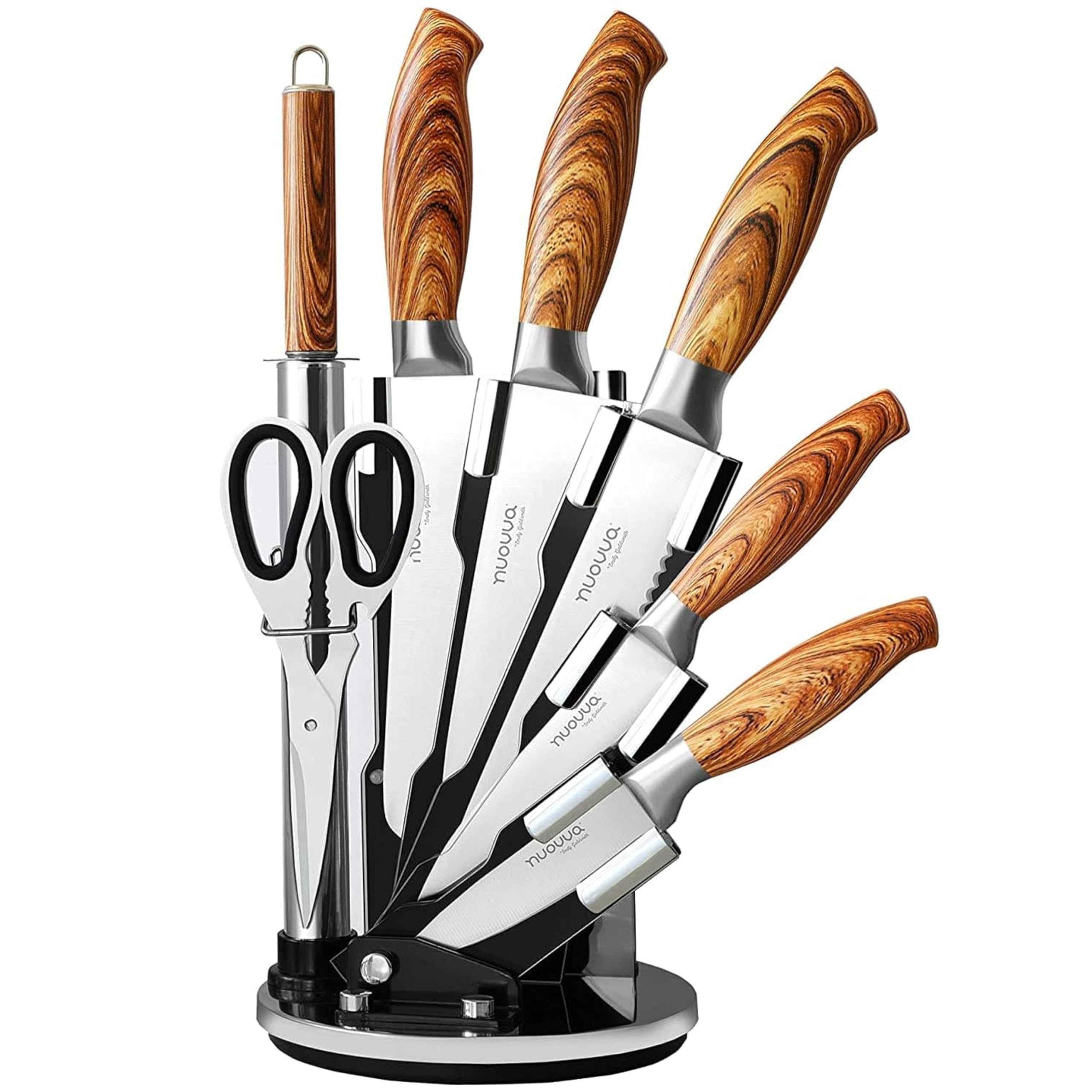 Nuovva Sharp Kitchen Knife Set – Rotating 7 Pcs Stainless Steel Knife Block – 360 Degree Rotating Acrylic Stand – by