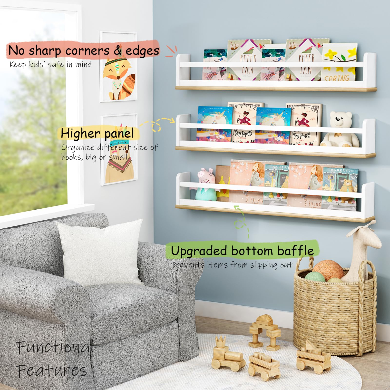 Estantes flotantes de 36 pulgadas de largo para pared de guardería, estantes grandes para libros de pared para habitación de los niños, estantería de Haning blanco y natural para niños 2
