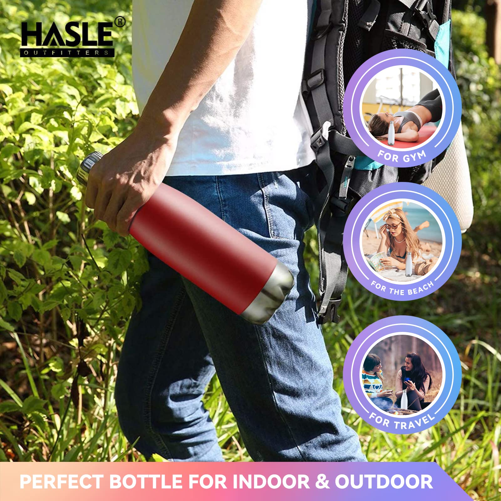 HASLE OUTFITTERS Botella de agua de acero inoxidable aislada al vacío de doble pared con tapa para deportes, viajes al aire libre a prueba de fugas
