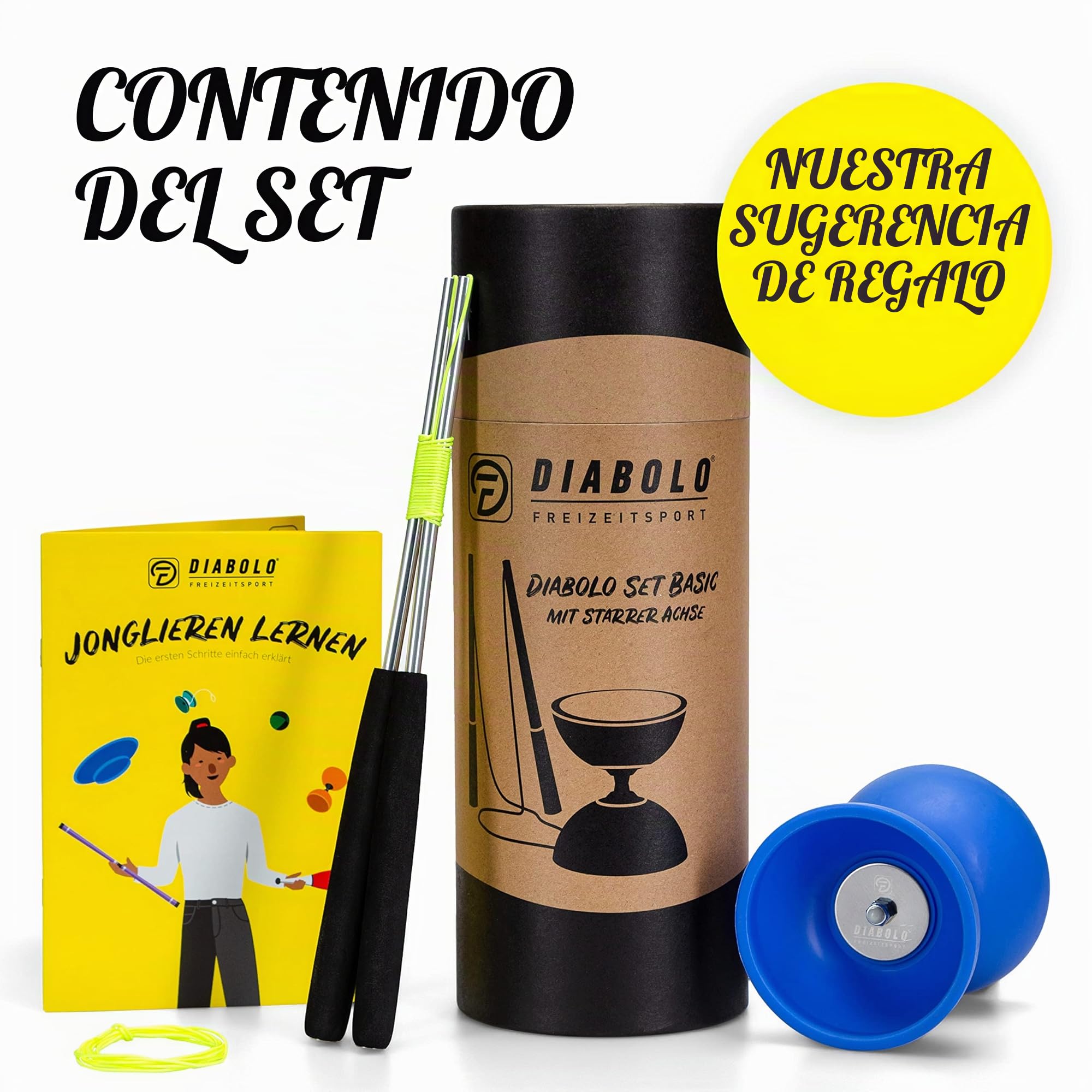 Set de malabares básico Diabolo Freizeitsport con diábolo (azul), varillas de aluminio de repuesto, cuerda de repuesto (160 cm), instrucciones, regalo para niños y principiantes